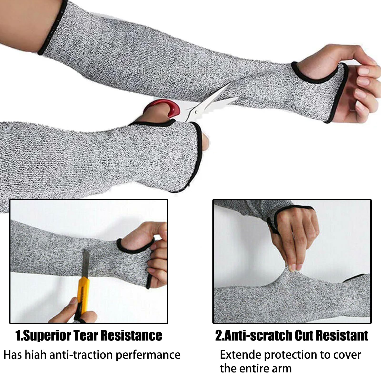 Manguito de protección contra cortes, 45 cm, gris, Nylon HPPE Spandex, transpirable, para construcción, cocina, jardinería, trabajadores y protección del antebrazo