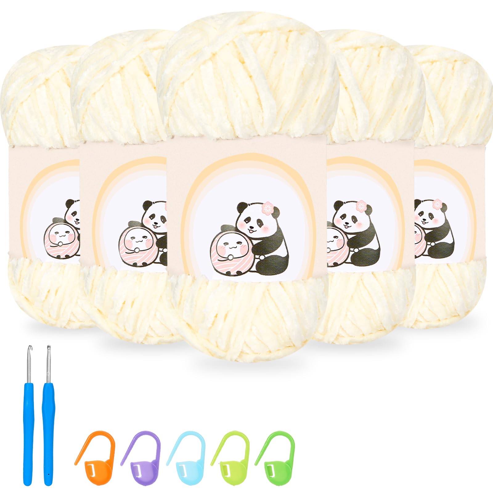 500g Chenille Yarn, 5 Pack Fluffy Soft Chunky Yarn for Crocheting with Needles, Baby Velvet Crochet Yarn for Knitting Amigurumi Blankets Scarves Socks Clothes Garment DIY Crafts (White)
