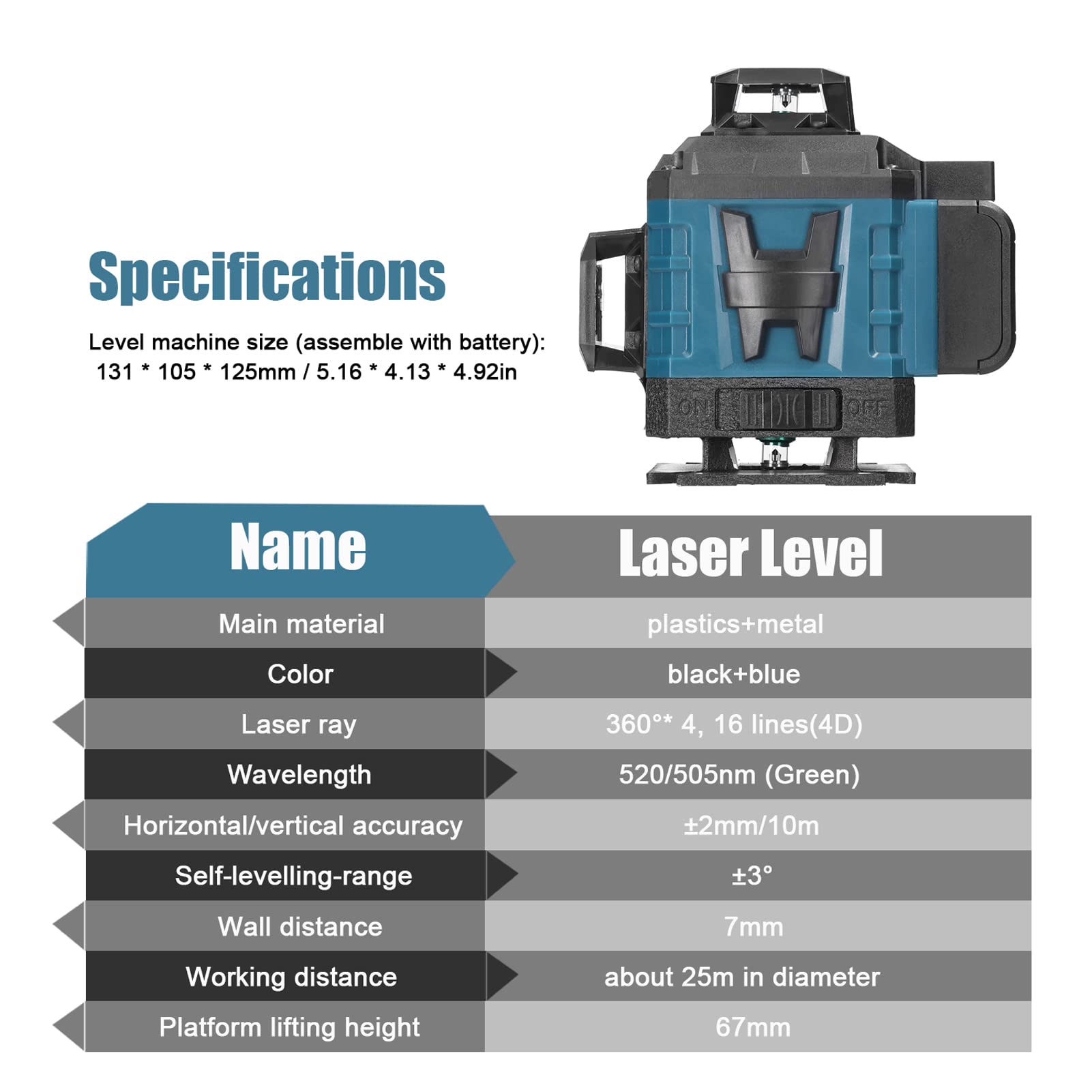 Livello laser 360° 4D 16 linee di auto-livellamento del livello laser verde rotante | IP54 impermeabile | 2 batterie da 2400 mAh ricaricabili | telecomando | livello laser 360