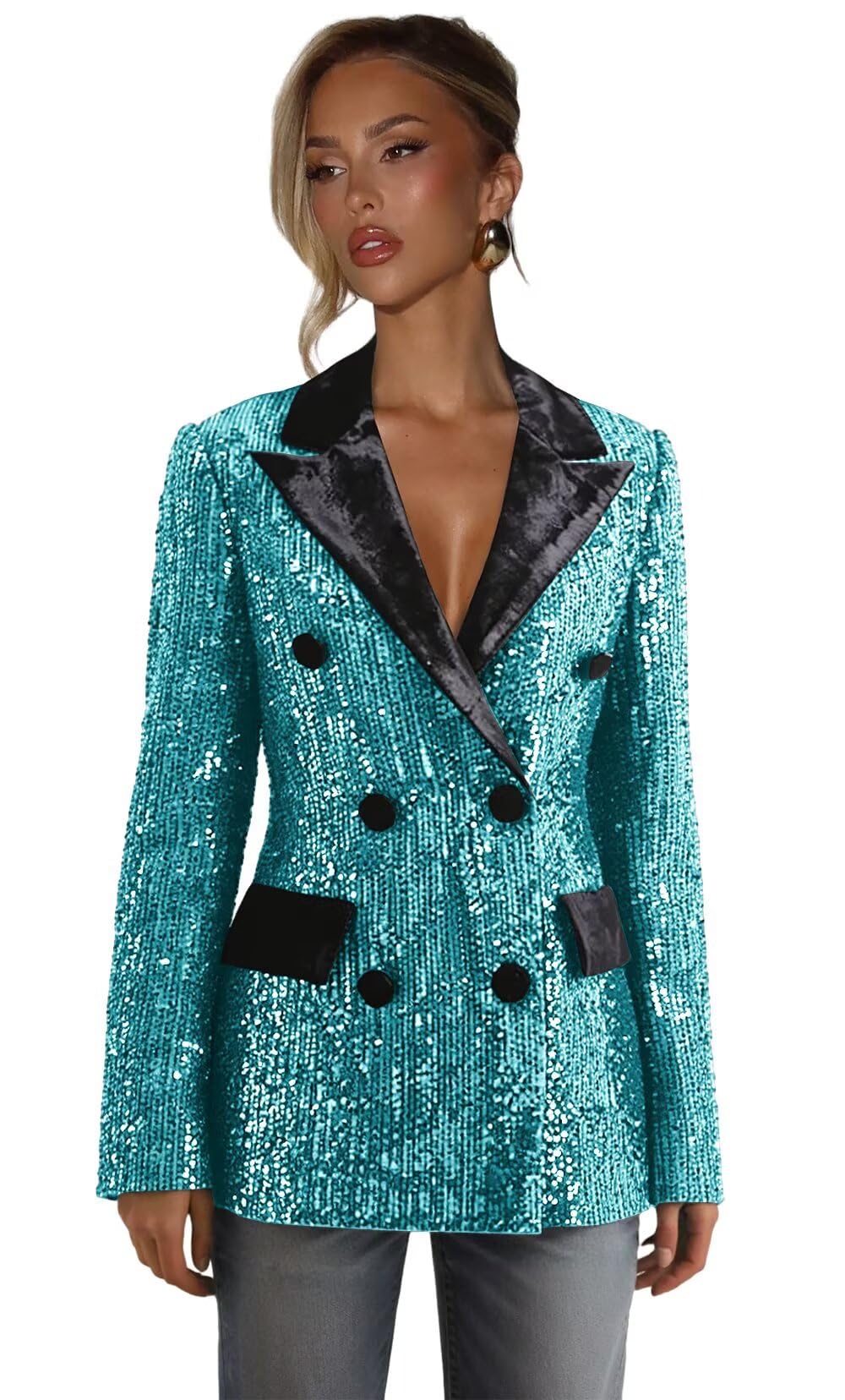 Womens Sequin Jackets Double Breasted Blazers for Women Trendy Casual Notch Lapel V Neck Blazer Coat with Pockets