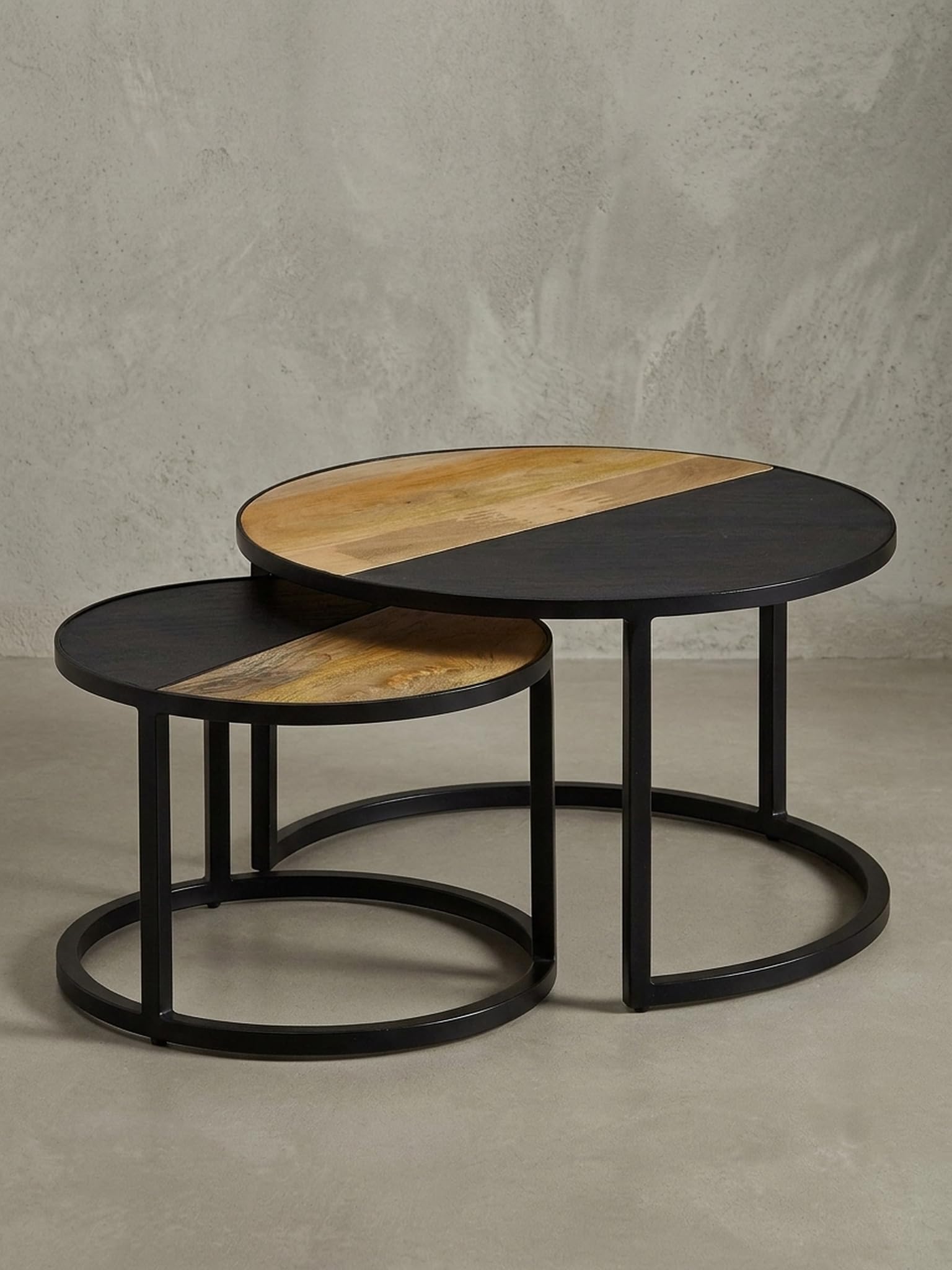 Couchtisch 2er Set Mango Massivholz/Stein Sofatisch Rund Modern