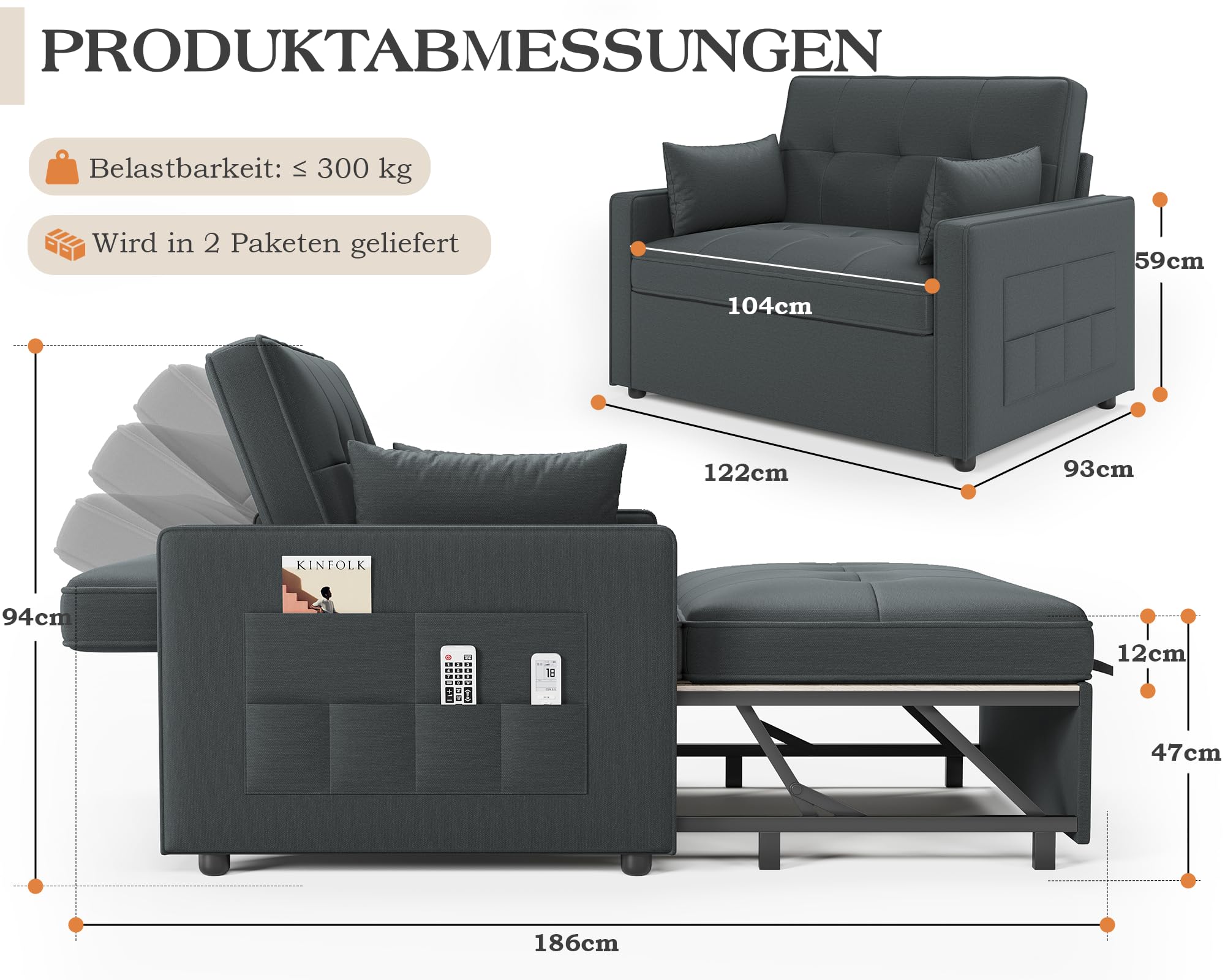 LUXOAK Schlafsofa 186 x 122 cm mit 5-stufig Verstellbarer Rückenlehne, 3-in-1 Schlafcouch mit Kissen und Seitentasche, graues Leinen-Sofa für Gästezimmer & kleine Räume