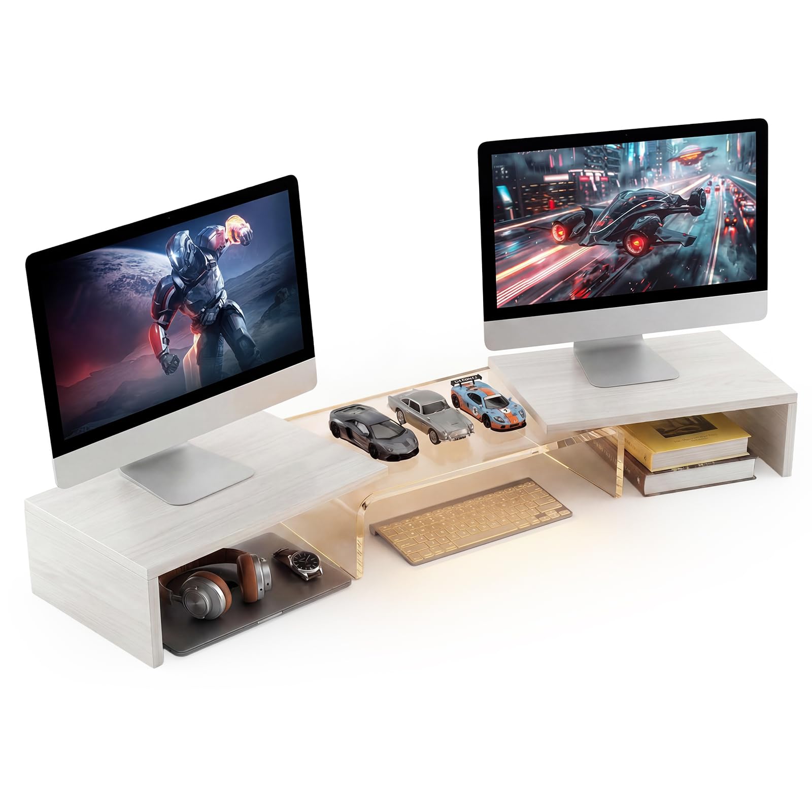 Dual Desk Monitor Stand with Transparent Central Acrylic Bridge, Riser Monitor for 2 Screens, White Desk Organizer Height Ergonomic for Home Office, Study and Office