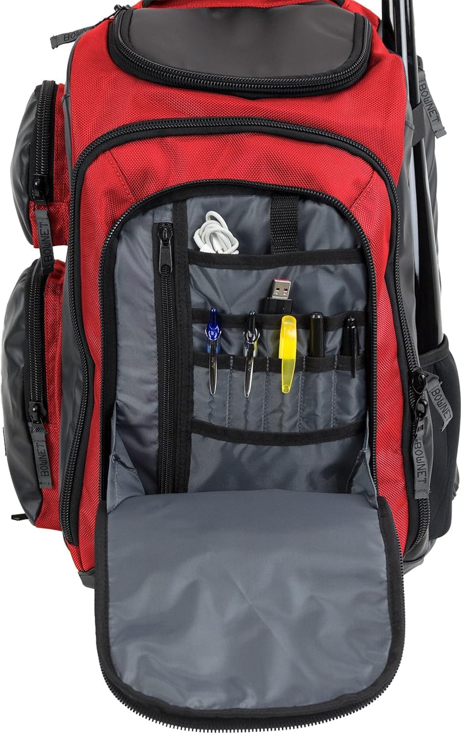 Bownet Commando Coaches Bat Bag – Baseball & Softball Backpack with Fungo Holder, 15.5” Laptop & Tablet Pocket, Large Gear Storage, Padded Straps, Youth & Adult, Scarlet