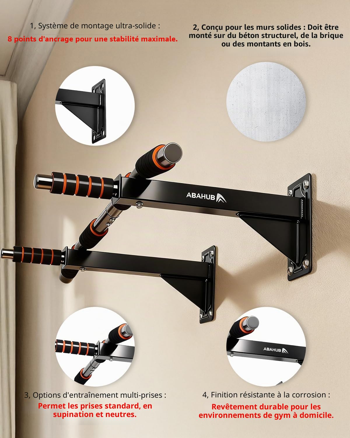 Barre de Traction Murale Fixation Lourde - Montage au Mur avec Cheville, Capacité 200 kg - Structure Renforcée et 3 Prises pour Entraînement Intensif - Noir/Orange
