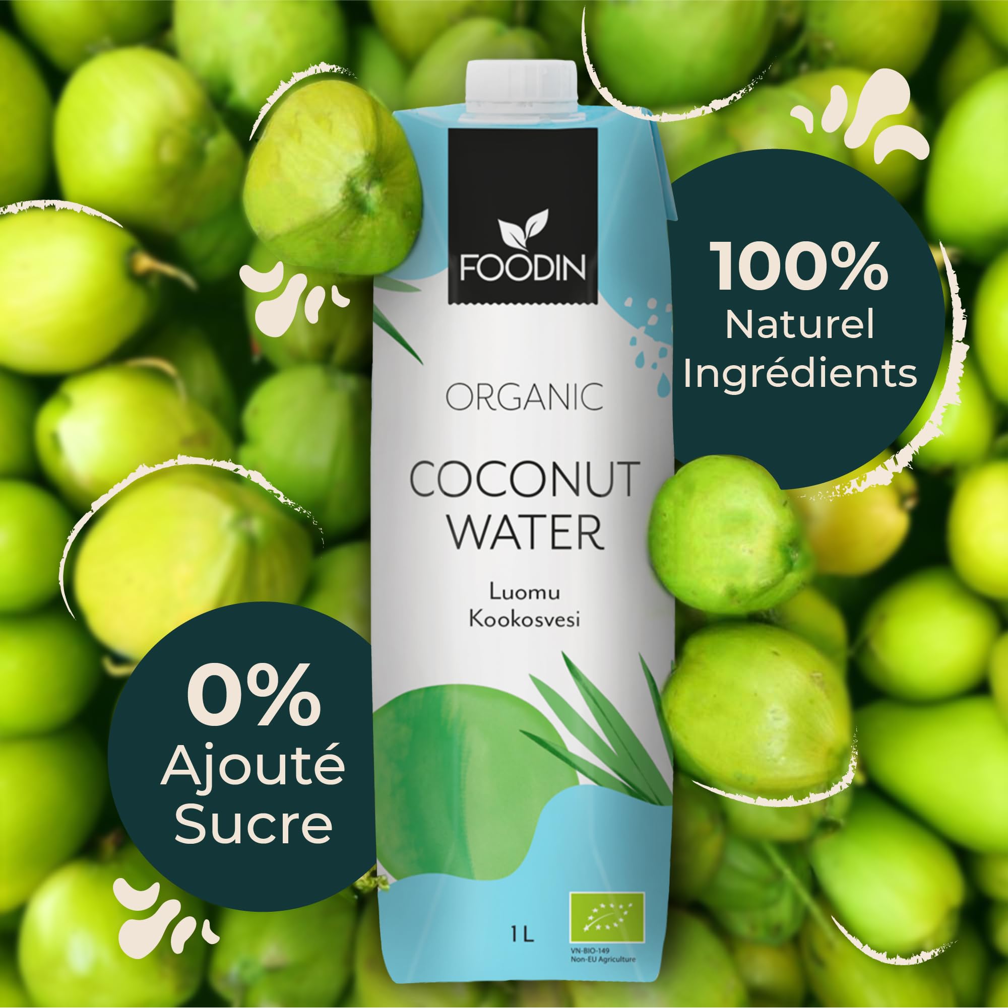 Foodin Eau de coco Bio, Naturellement hydratante avec des électrolytes, Sans gras, Sans gluten, Sans OGM, Faible en calories - Désaltérant apaisant - Paquet de 6 (6x1000ml)