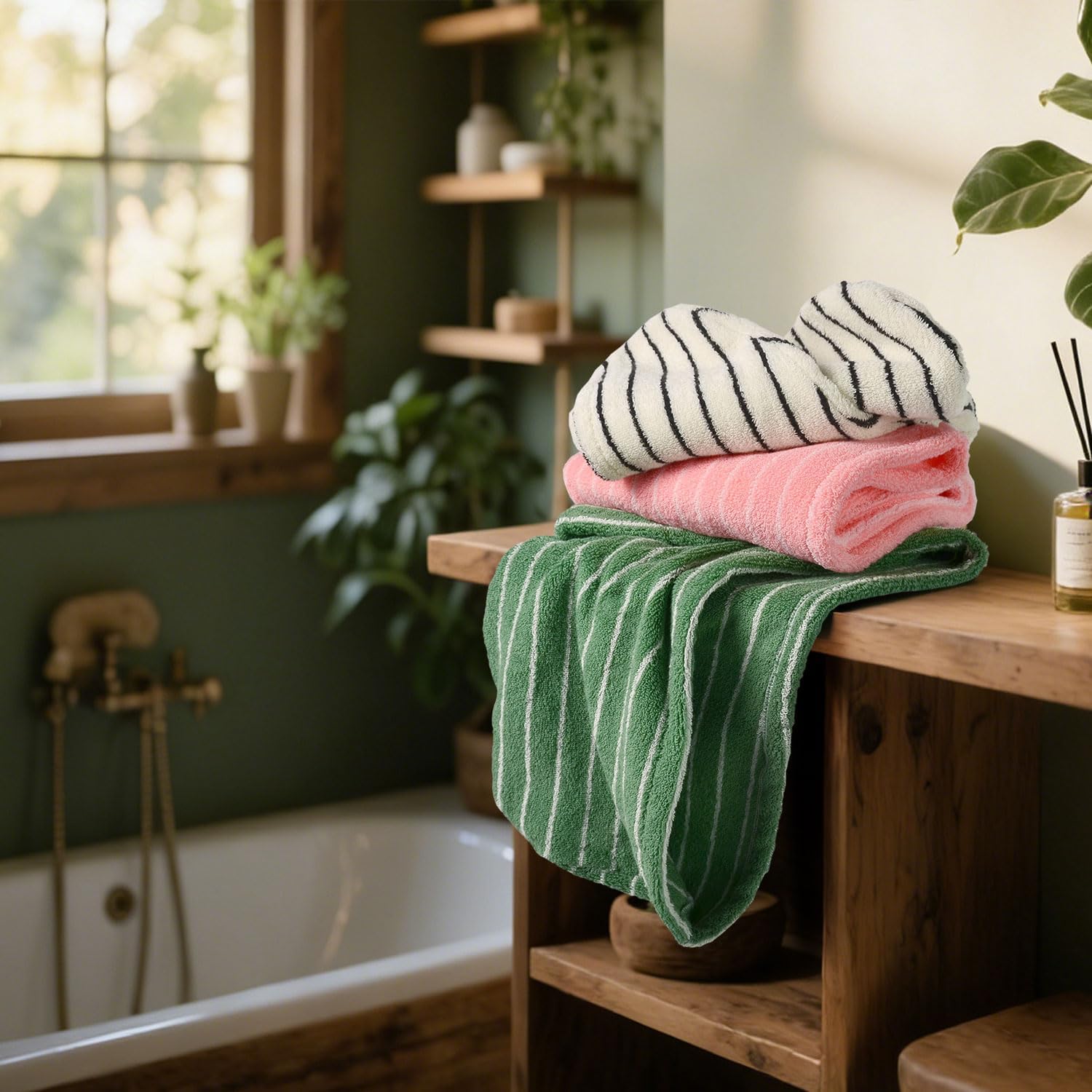 Jacquotha Cotton Hair Towels Wrap for Women, 3 Pack (Black, Pink, Green) – Quick Drying Hair Turban Towel for Wet Hair, 25” x 9.5”, Shower Spa Travel