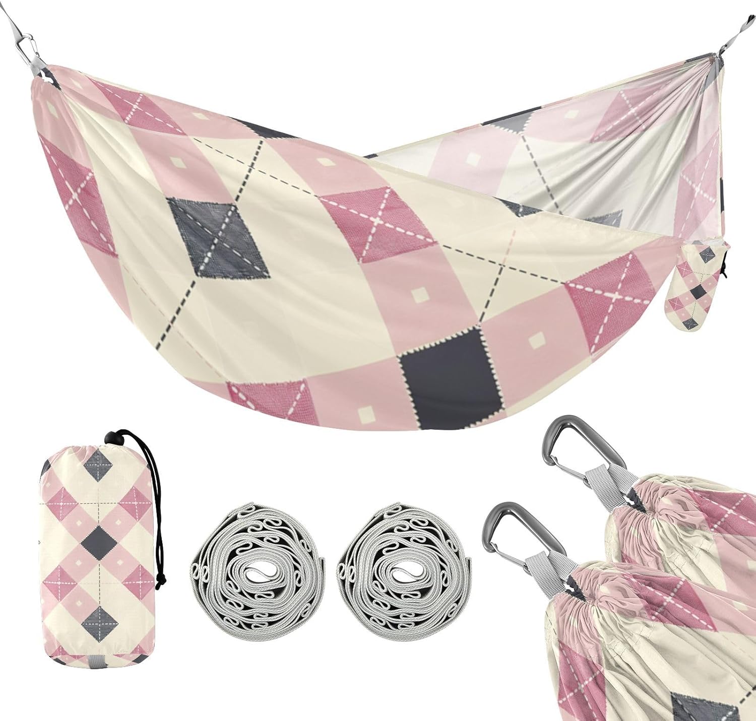 Childish Tartan Check Pattern Rosy Beigexture Camping Hammocks with Tree Straps Hanging Hammock for Outside Camping Essentials