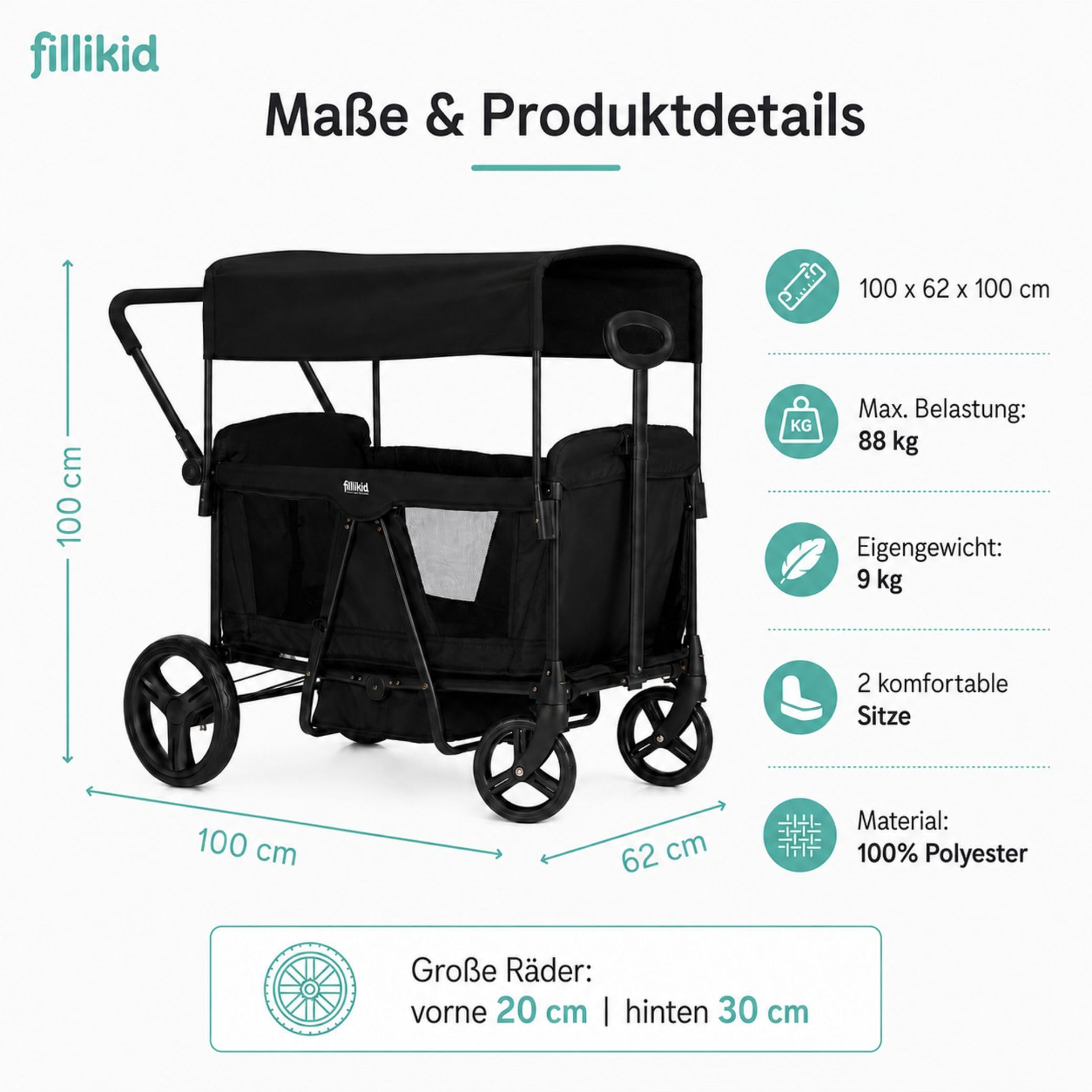 Fillikid Bollerwagen Oskar Exklusiv I Faltbarer Handwagen mit Dach, Schiebegriff I Transportwagen für Kinder & Gepäck, belastbar bis 88 kg I stabil & platzsparend klappbar I 2-Sitzer mit Gurtsystem