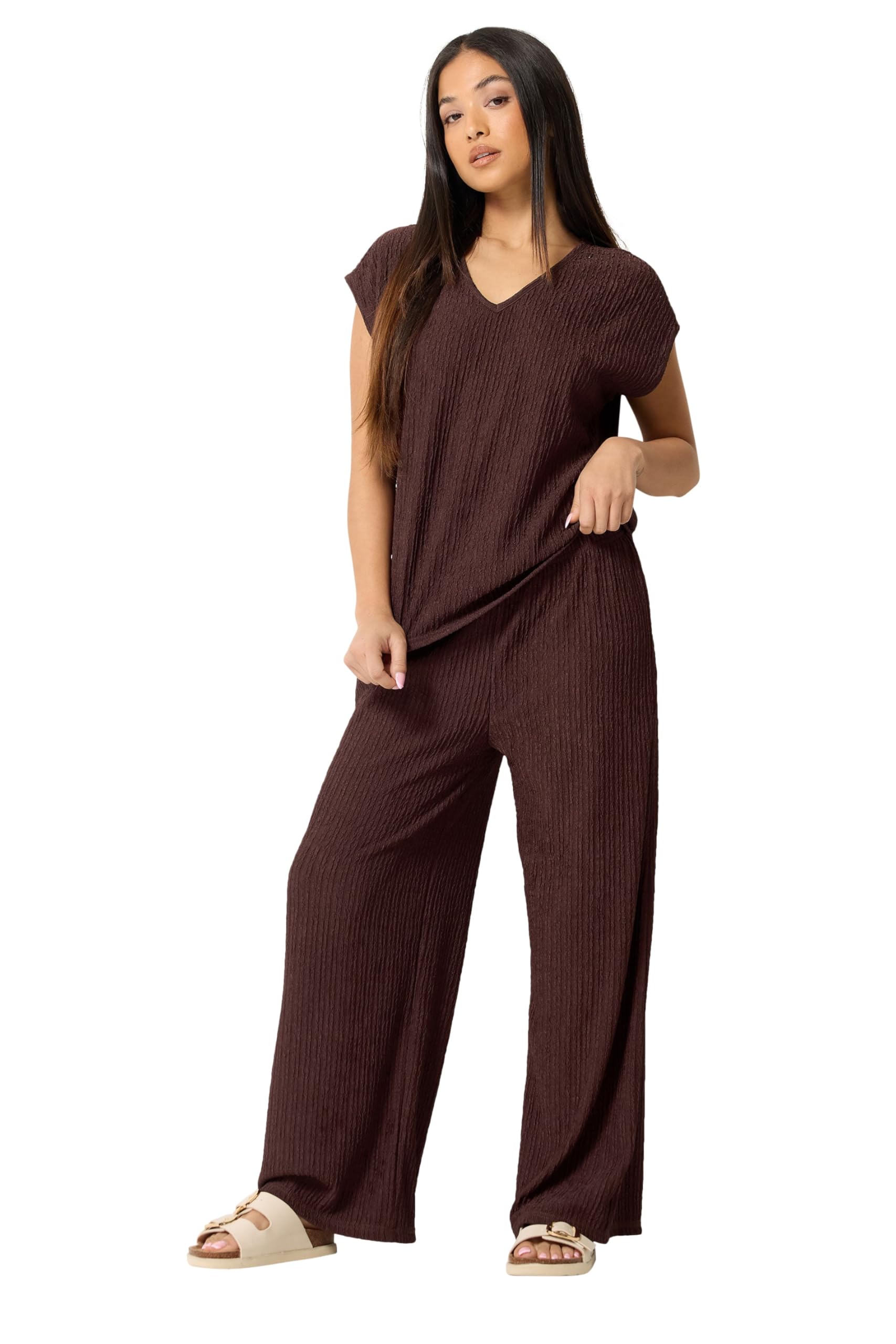 M&Co Women's Brown Petite Textured Wide Leg Trousers