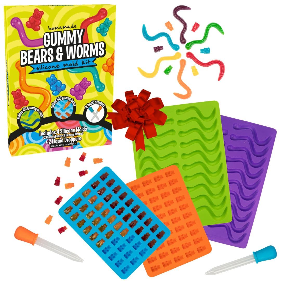 Gummy Bear & Worm Silicone Candy Molds (4pk) BPA-Free Nonstick Trays w 2 Droppers for Chocolate, Ice Cubes & More-Make up to 140 Candies for Holiday Parties-Fun Winter Activity, Gift, Stocking Stuffer