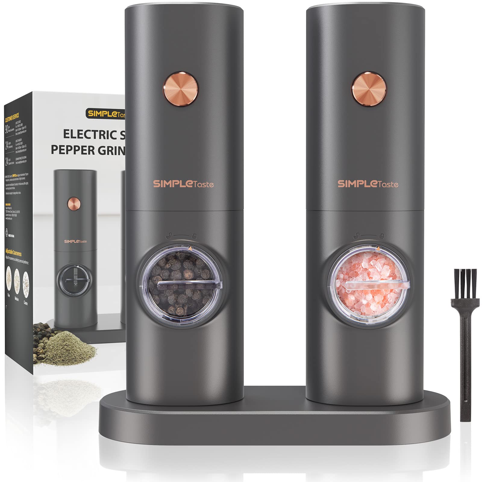 SIMPLETASTE Electric Salt and Pepper Grinder Set, One-Handed, Battery Powered, Adjustable Coarseness, LED Light, Pepper mills with stand, Seasoning Tools for Kitchen, Dining or Gifting