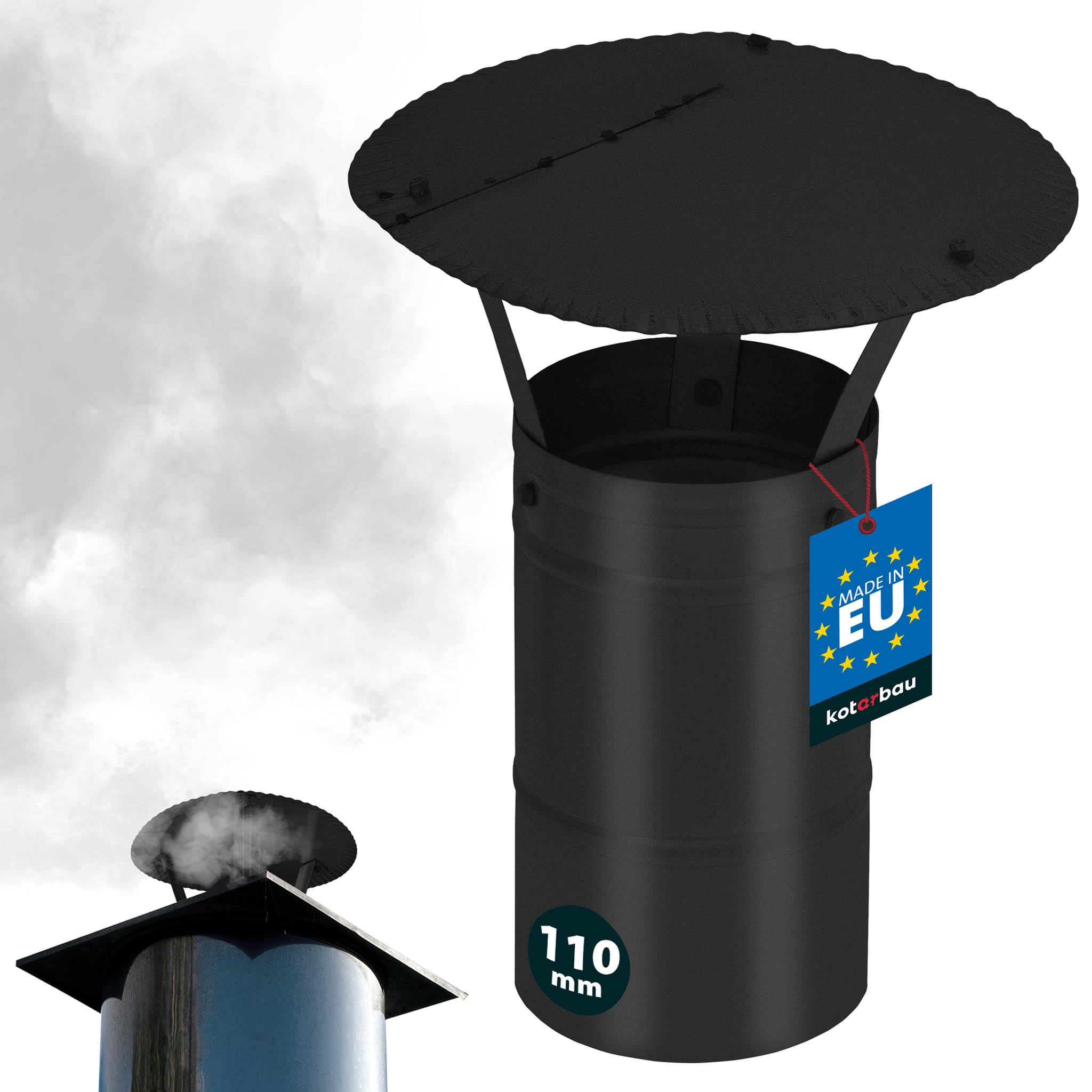 KOTARBAU® Chimney Cow - Chimney Cap - Galvanized and Powder-Coated Steel - ø 110 mm (4.33 in) - Black - Flue Rain Cap - Flue Cowl - Rust Resistant - Rain Hat