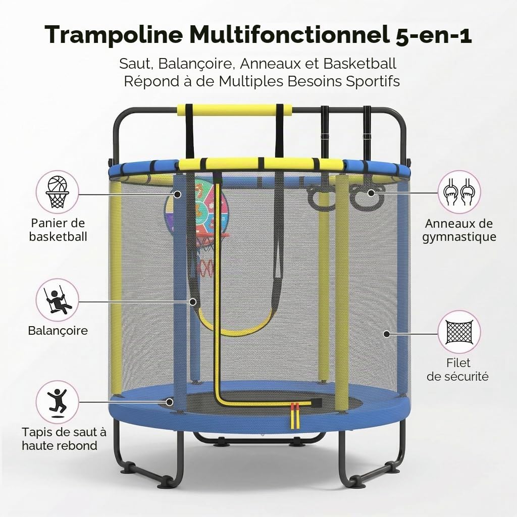 Trampoline intérieur pour enfants, avec panier de basket, balançoire, anneau de traction, convient intérieur et extérieur, cadeau anniversaire