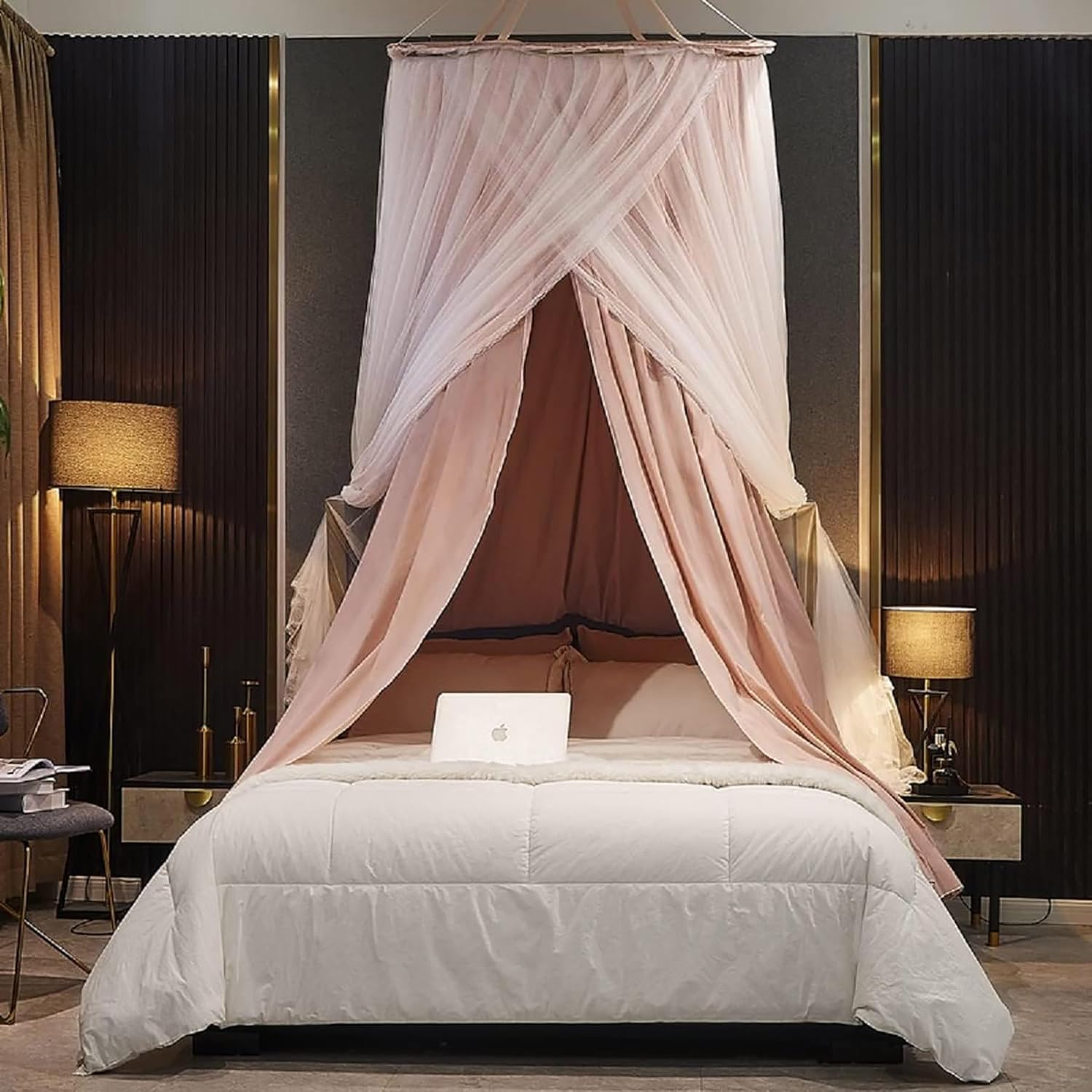 Round Dome Canopy Bed Curtains Mosquito Net Bed Canopy for Girls & Adults Double Layer Princess Round Dome Canopies Bed Curtain,Yellow