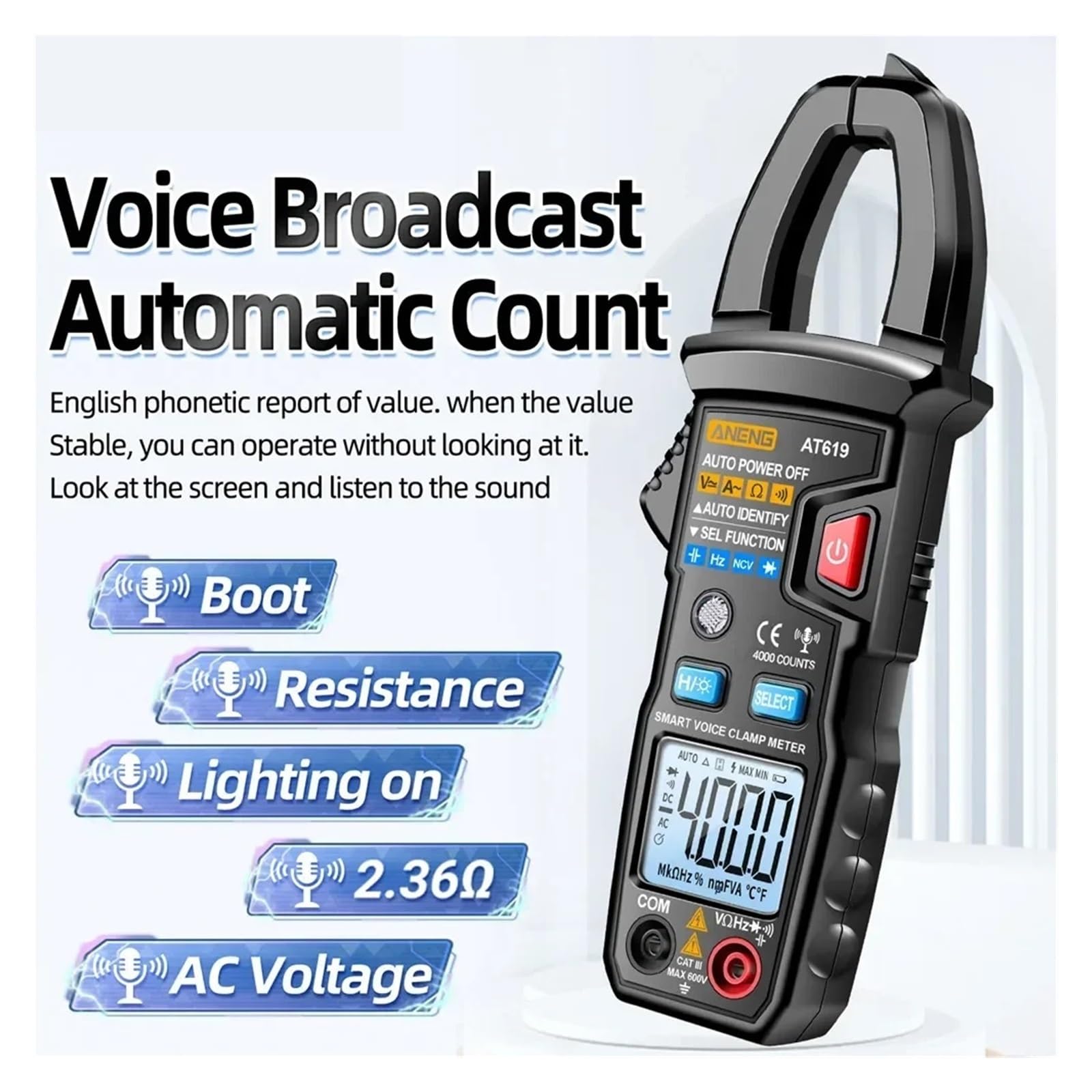 AT619 Smart Clamp Meter Voice Broadcast Multimeter 600A AC Current Voltage Tester Ammeter Capacitance NCV Ohm Test Tool(Red(no battery))