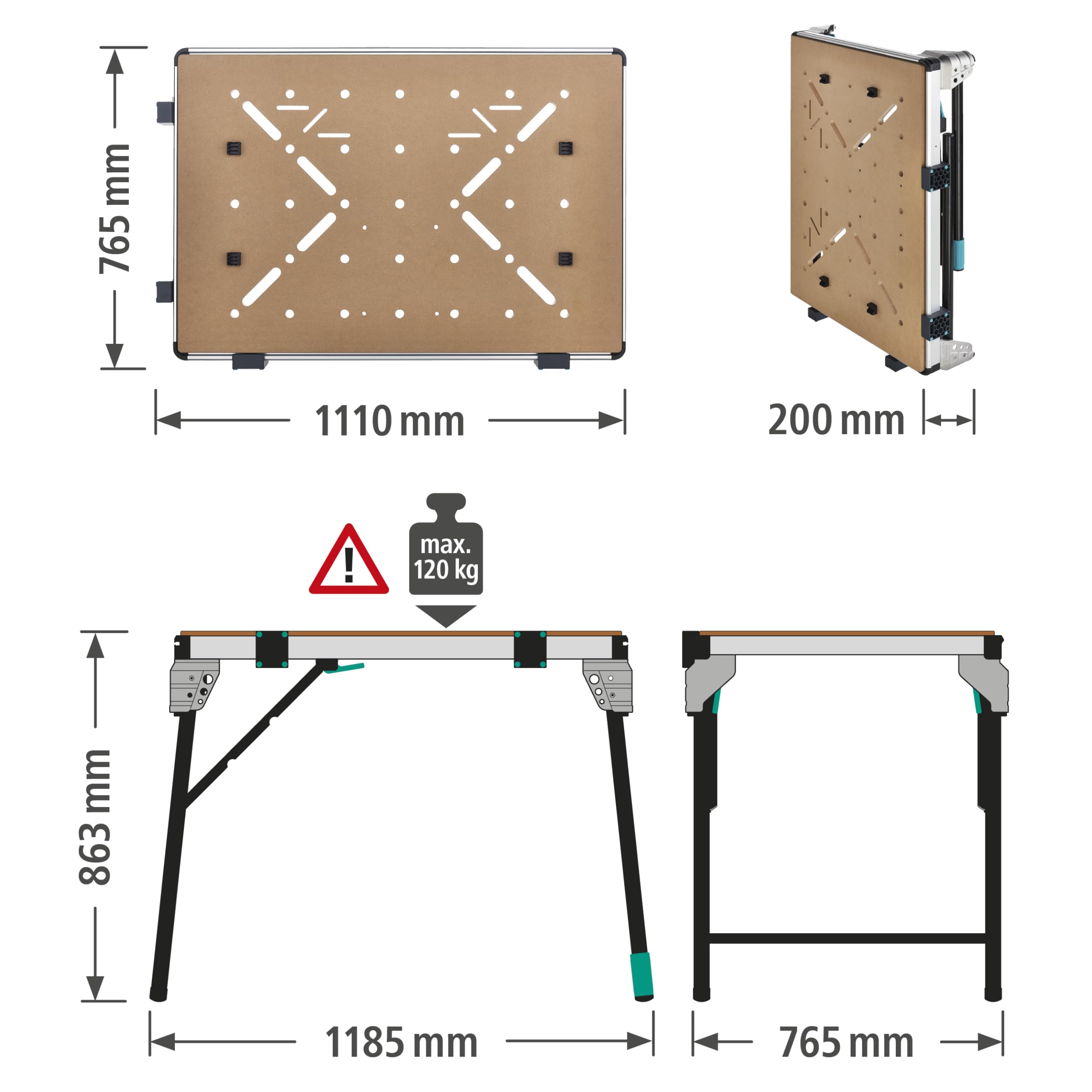 wolfcraft Master Work 1600 - Werkbank - mobiler klappbarer Arbeitstisch für Werkstatt & Baustelle - höhenverstellbarer Fuß - Maße 1035 x 695 mm - Tragfähigkeit 125 kg - Made in Europe - 6909000