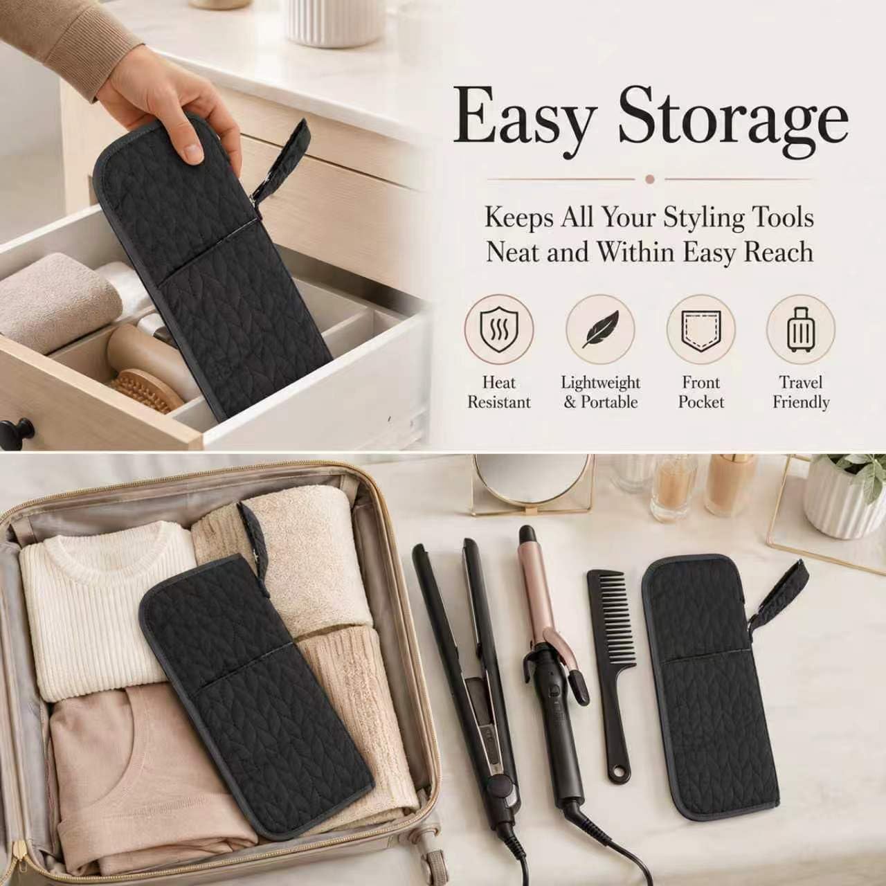 2-in-1 Heat Resistant Hot Tool Mat and Organizer | Portable Travel Curling Iron Holder & Flat Iron Storage Mat with Heatproof Lining | Black Styling Tools Pouch for Hot Straightener and Wand