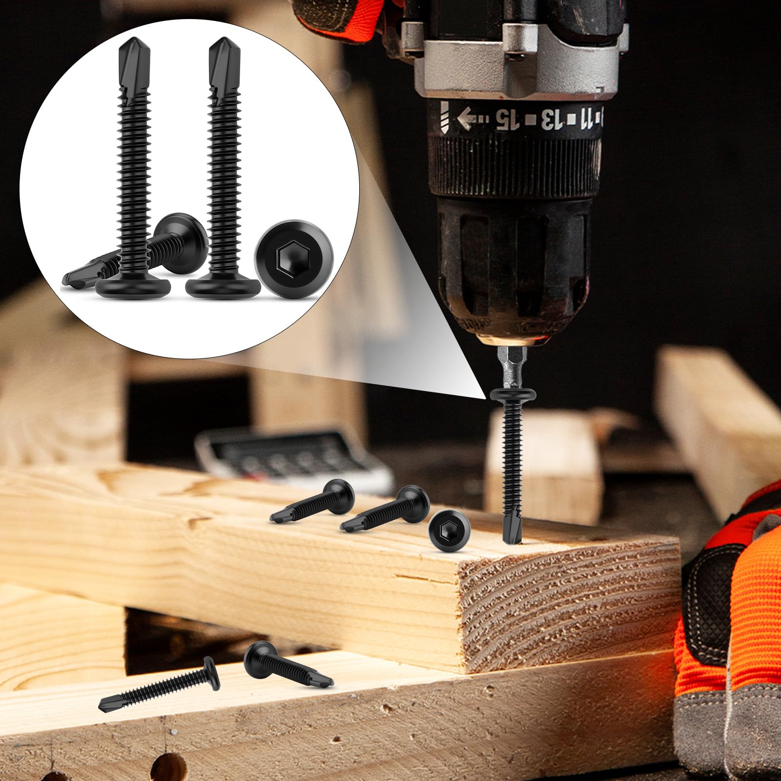 120 tornillos autorroscantes de acero inoxidable 410, 5,5 x 50 mm, tornillos para chapa autorroscantes, acero inoxidable, negro, cabeza plana, tornillos de metal, tornillos Allen con broca hexagonal