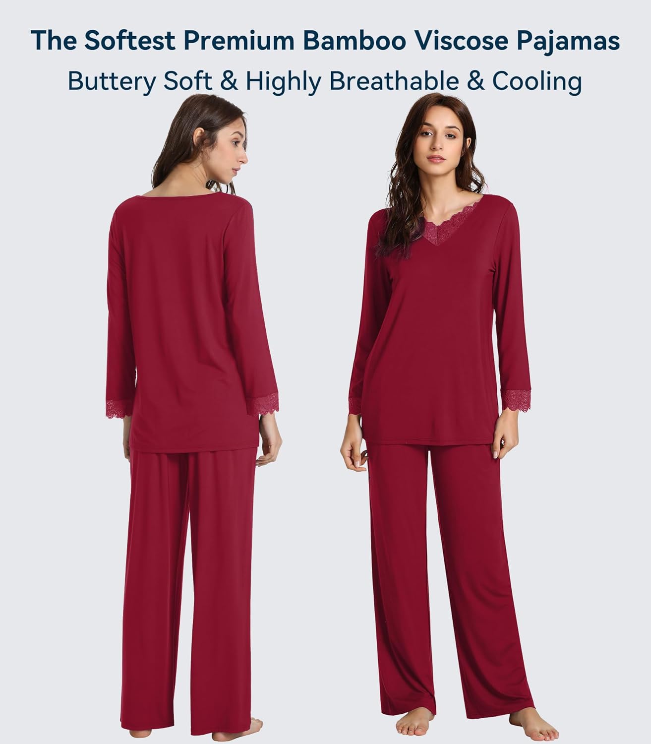 WiWi Bamboo Viscose Pajamas Sets for Women Lace Trim Long Sleeve Sleepwear Lounge Sets Plus Size Pjs with pockets S-4X - Image 3