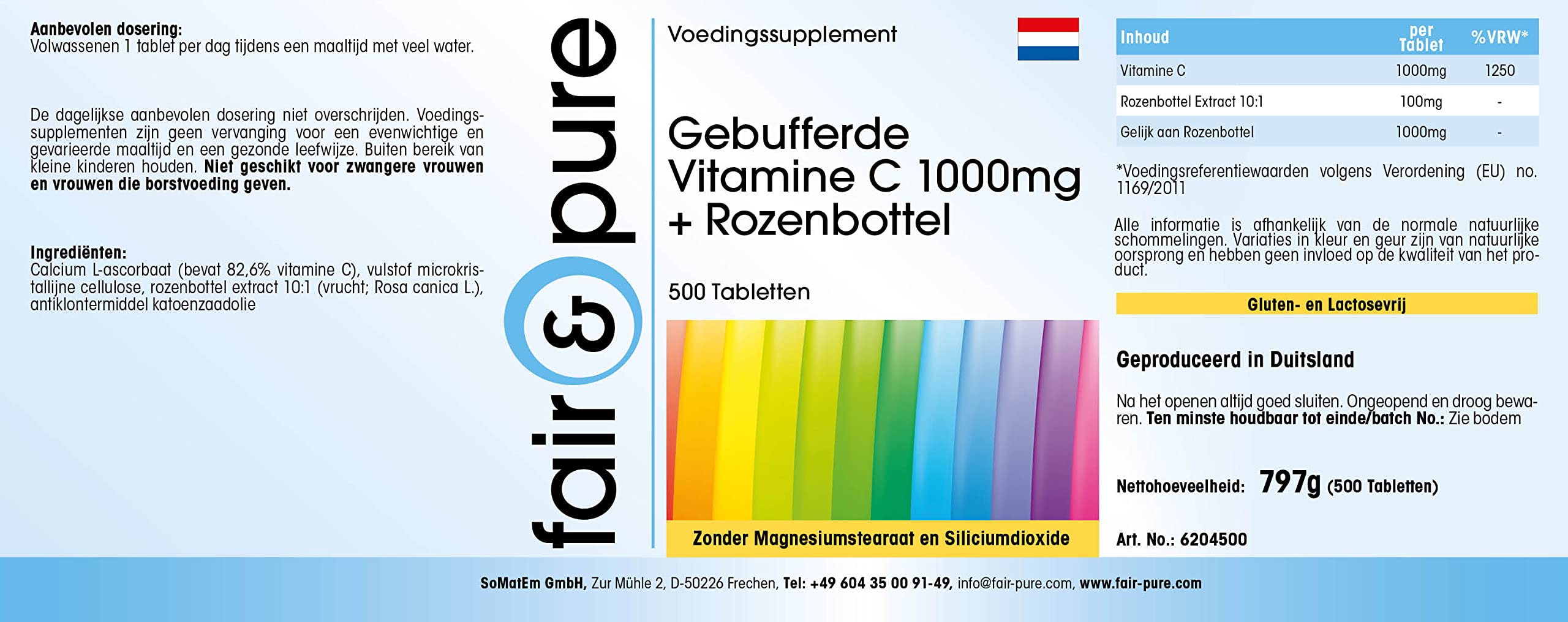 Fair & Pure Vitamine C tamponnée 1000 mg + cynorrhodon, 500 comprimés, hautement dosé avec 1250% VNR, L-ascorbate de calcium, complément alimentaire sans stéarate de magnésium, fabriqué en Allemagne