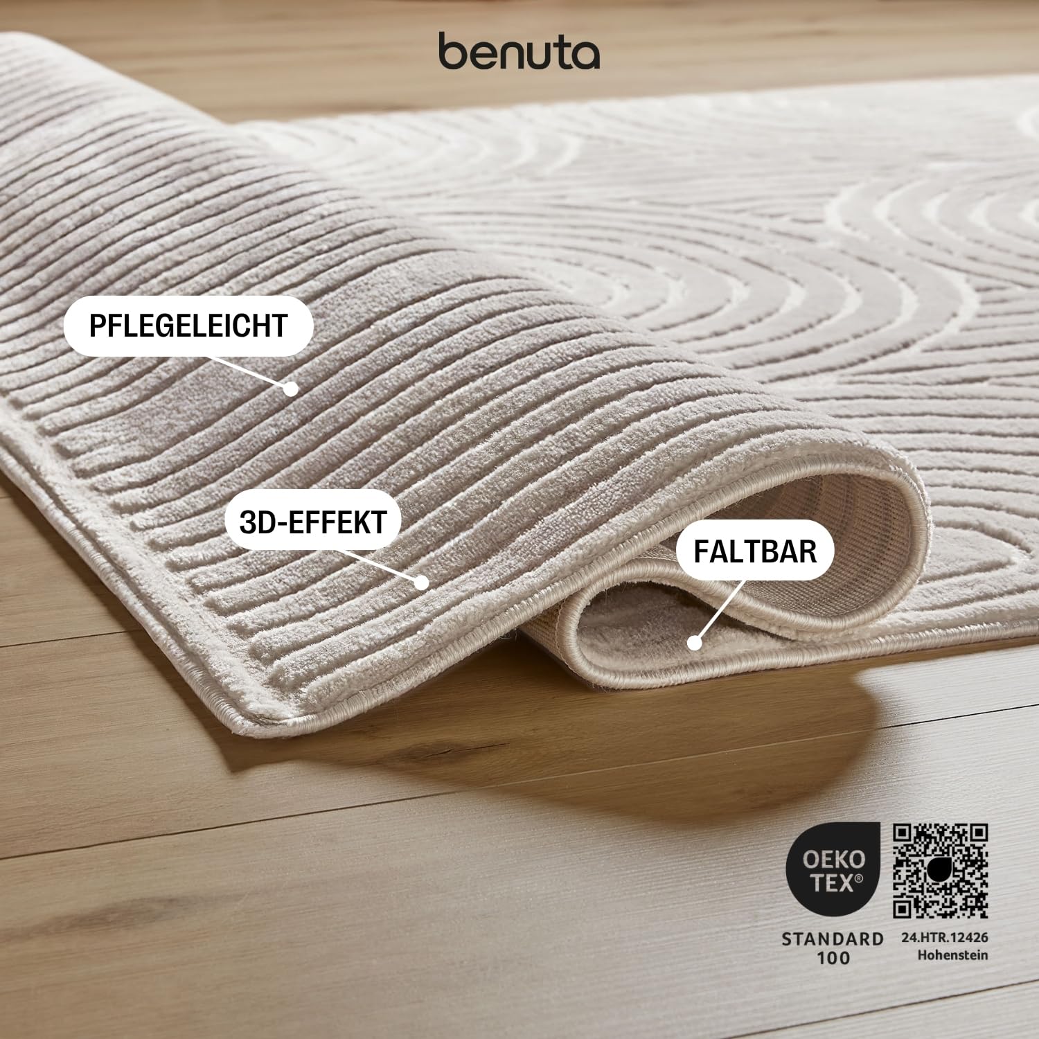 benuta Basic Teppich Claire - Creme 160x230 cm - Minimalistischer Wohnzimmerteppich im Geometrischen Retro-Stil - Pflegeleicht - Fußbodenheizung Geeignet