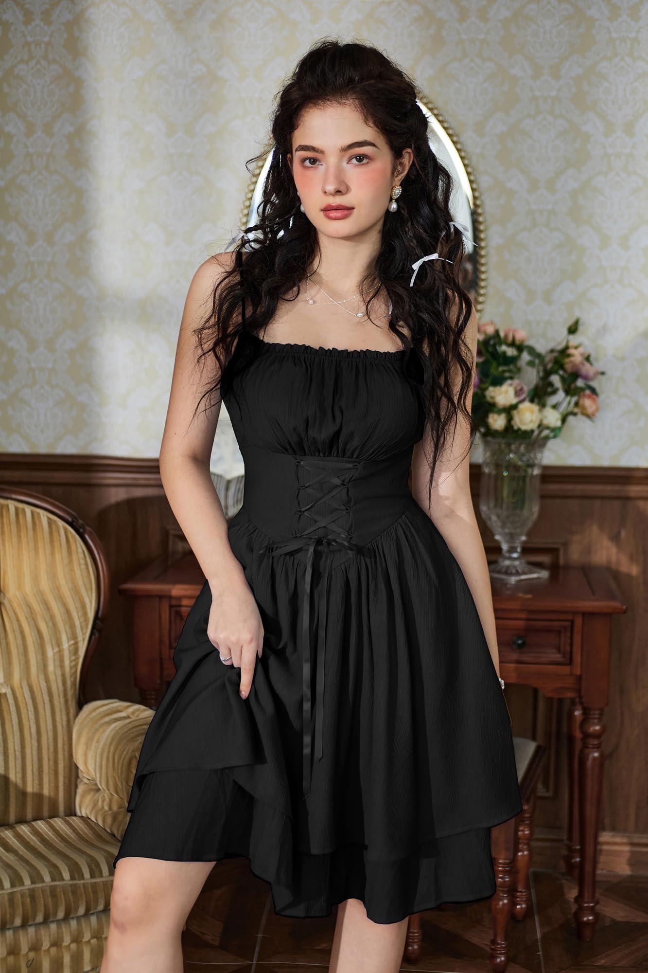 SCARLET DARKNESS Abito con Corsetto Vittoriano da Donna Abito a Vita Alta al Ginocchio con Spaghetti