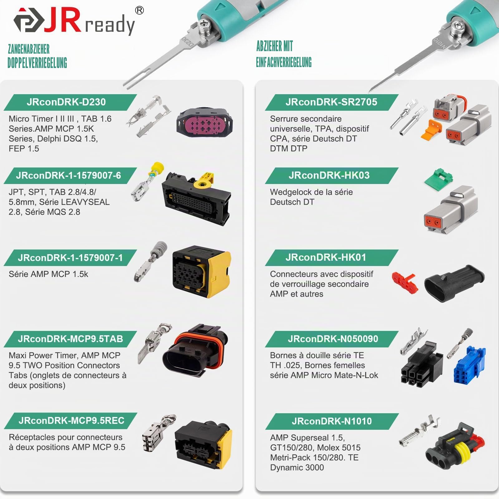 JRready JRconDRK24A20-01 Kit Kabelschuh-Entferner, Pin-Abzieher Terminalstecker Ejector Kit für Anschlüsse von Nutzfahrzeugen und Industriefahrzeugen, kompatibel mit AMP/DT/Metri-Pack