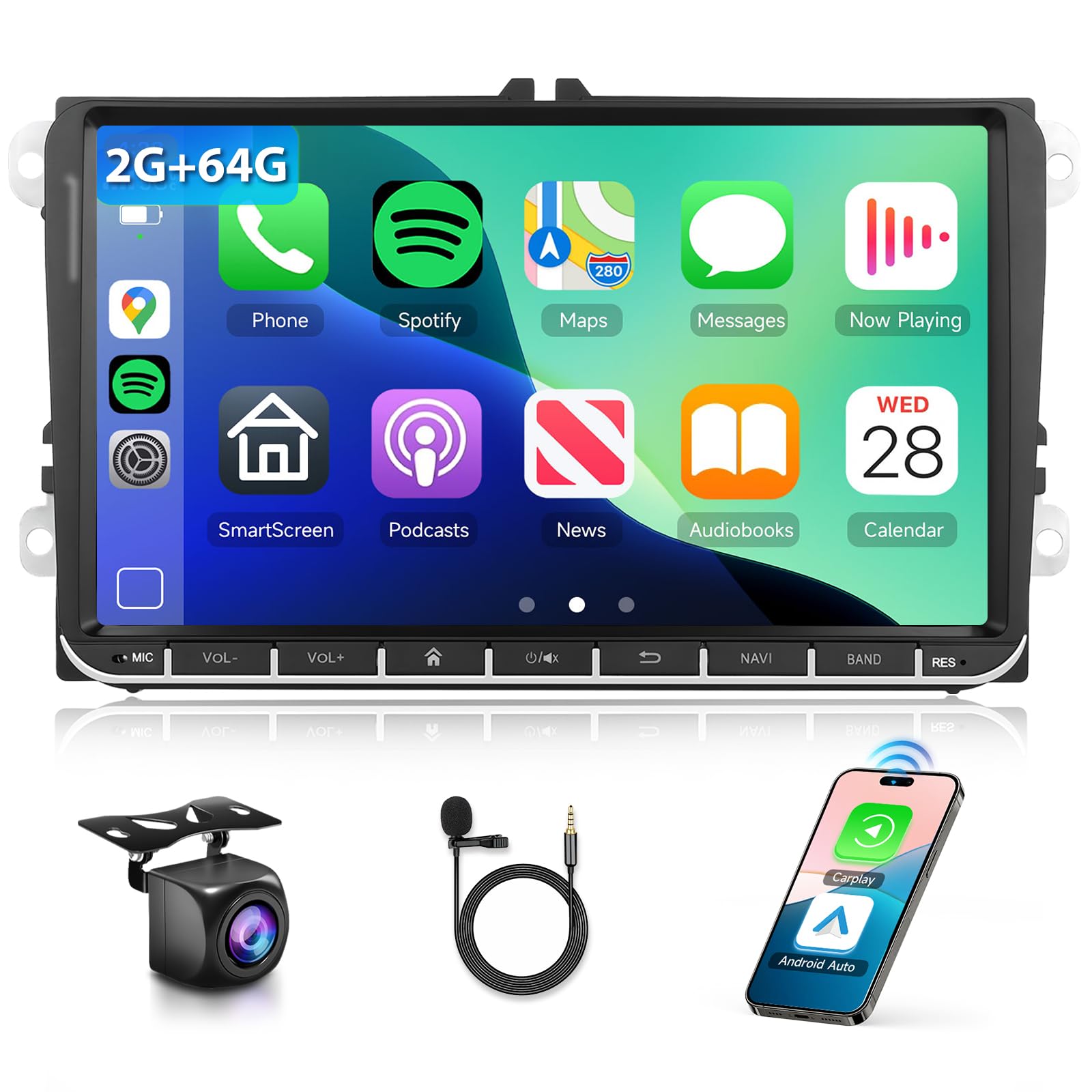 2G+64G for VW Passat Tiguan Golf Jetta T5 EOS Polo Skoda Android Car Radio with Wireless Carplay, 9" Android Auto Touchscreen Supports GPS Navigation,Bluetooth,FM/RDS Double Din Car Stereo+SWC-image-7