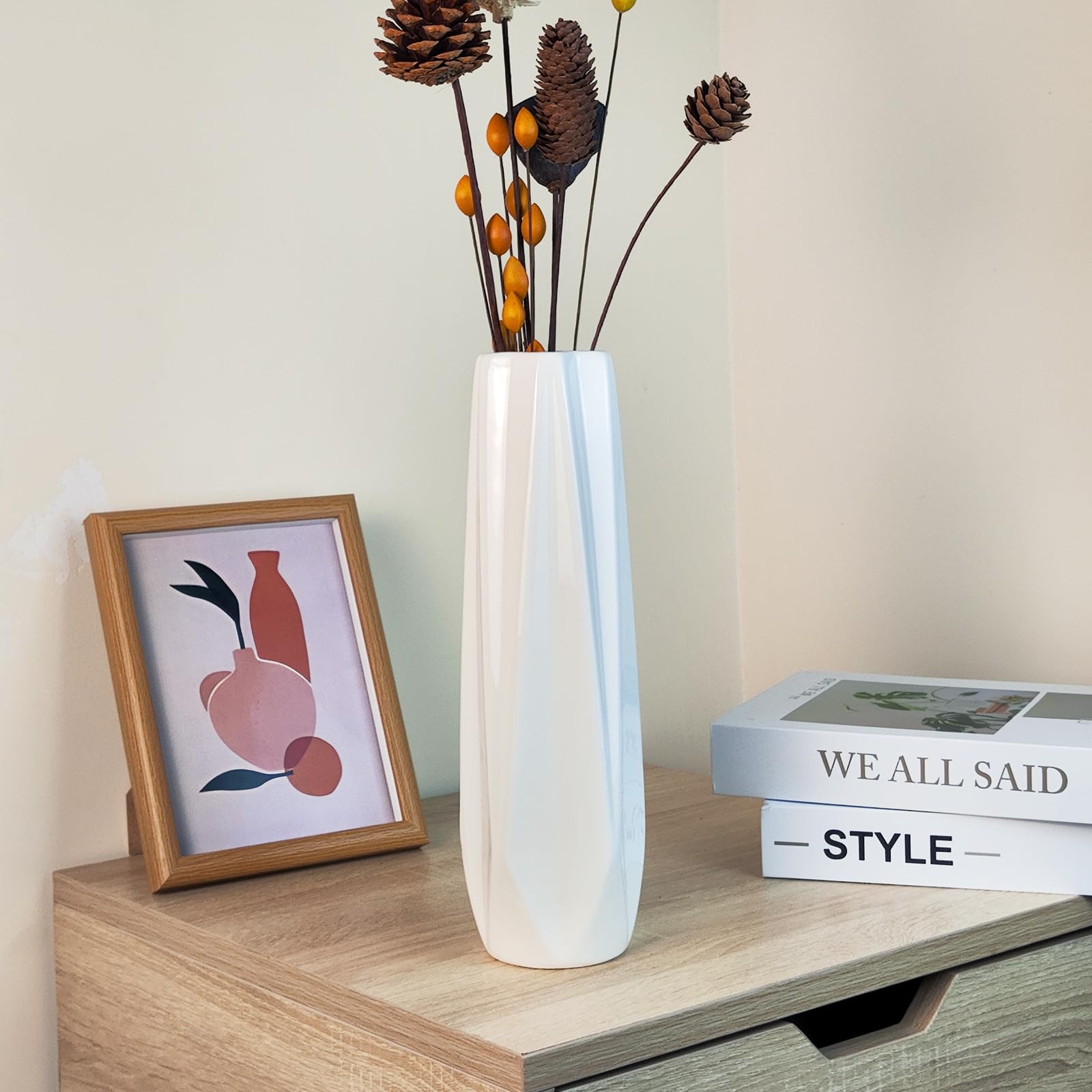 DJYY White Ceramic Vase, 12 Inch Tall Modern Decorative Vase for Pampas Grass Minimalist Flower for Home Decor Table Centerpieces - Image 3