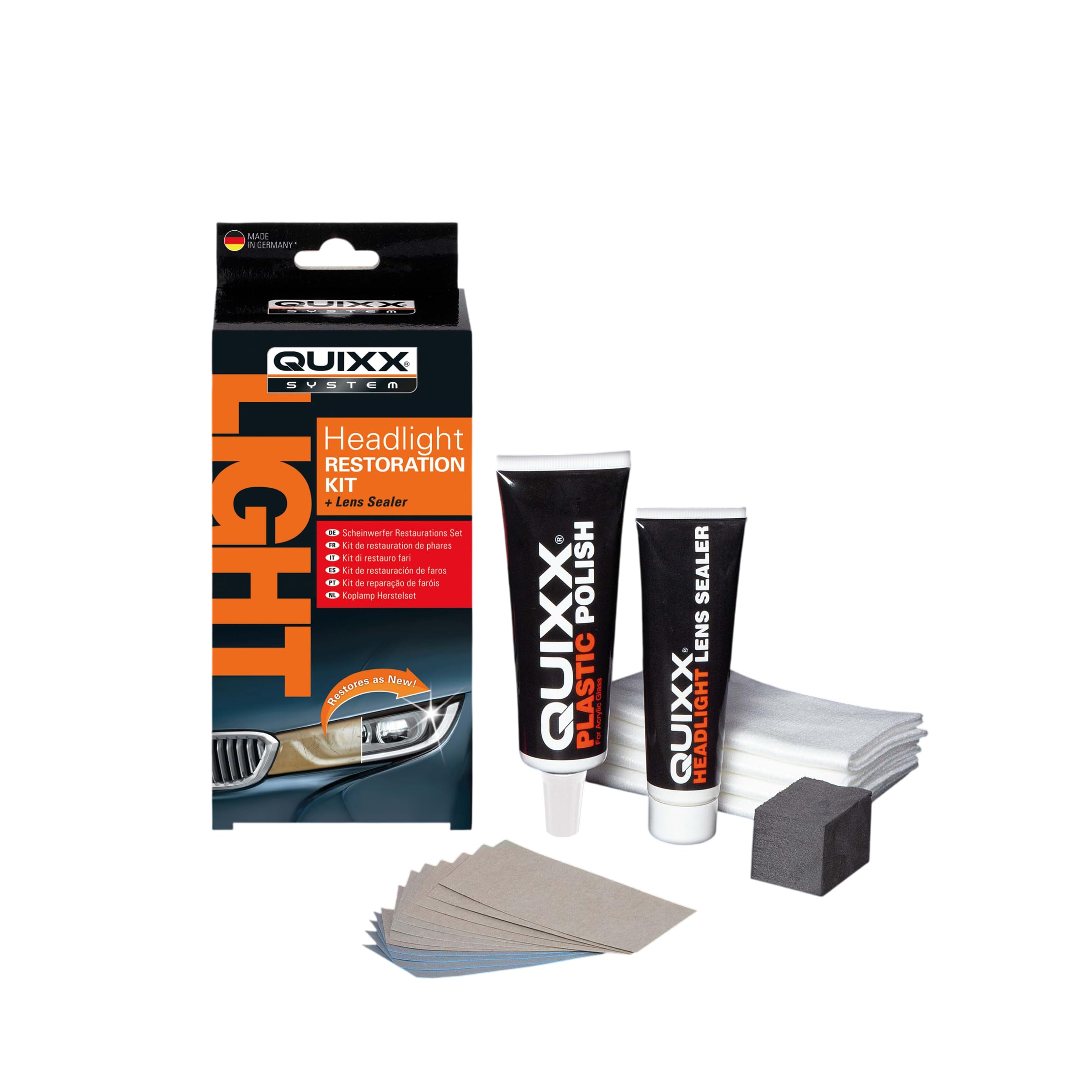 QUIXX Scheinwerfer Restaurations Set Aufbereitungs-Kit, zur Entfernung von Vergilbungen und Kratzern an Scheinwerfern, 50g