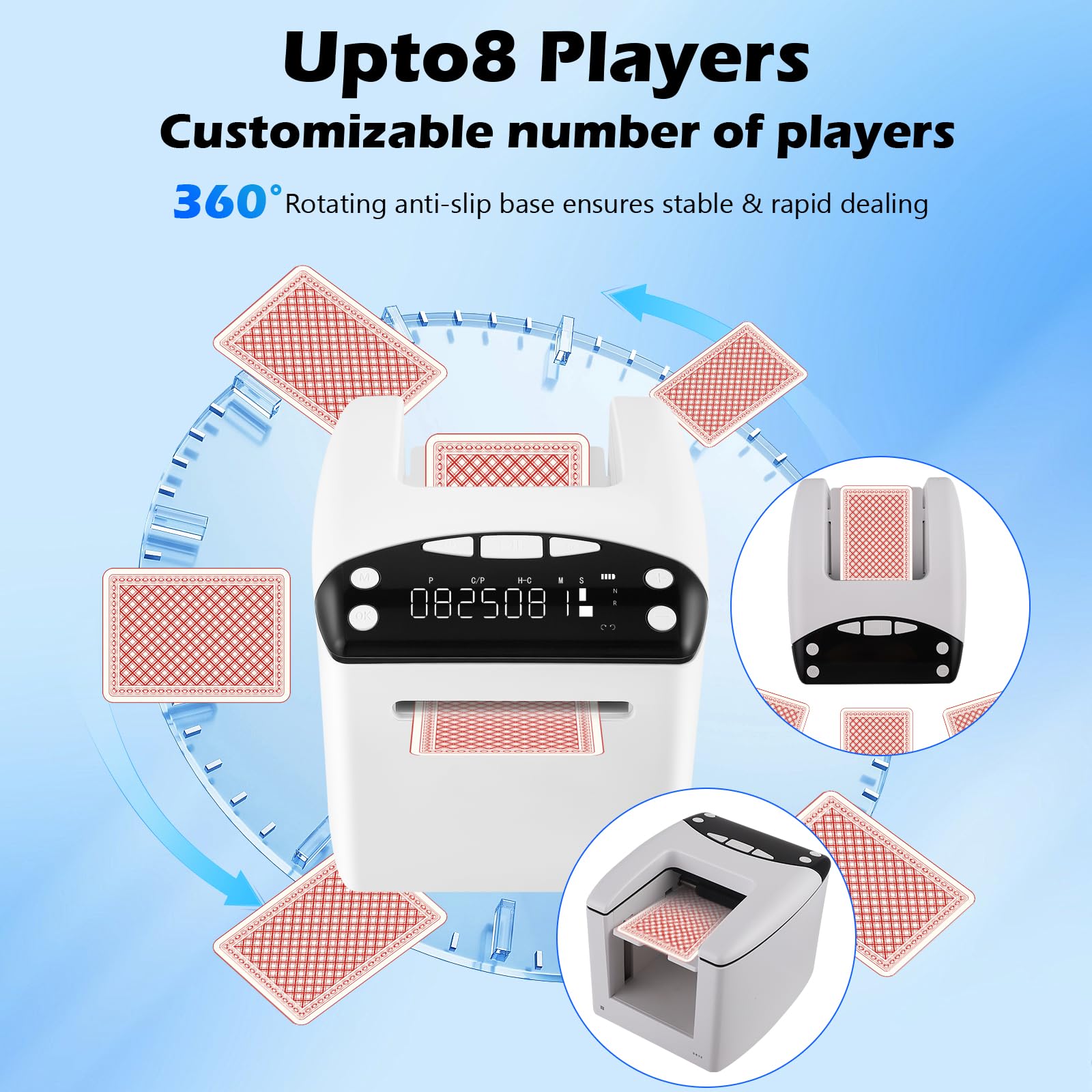 Repartidor Automático de Cartas para 8 Jugadores, 360° Rotación, Batería Recargable 4000mAh, Repartidor de Cartas para UNO, Poker, Monopoly Deal, Bycicle y Maverick