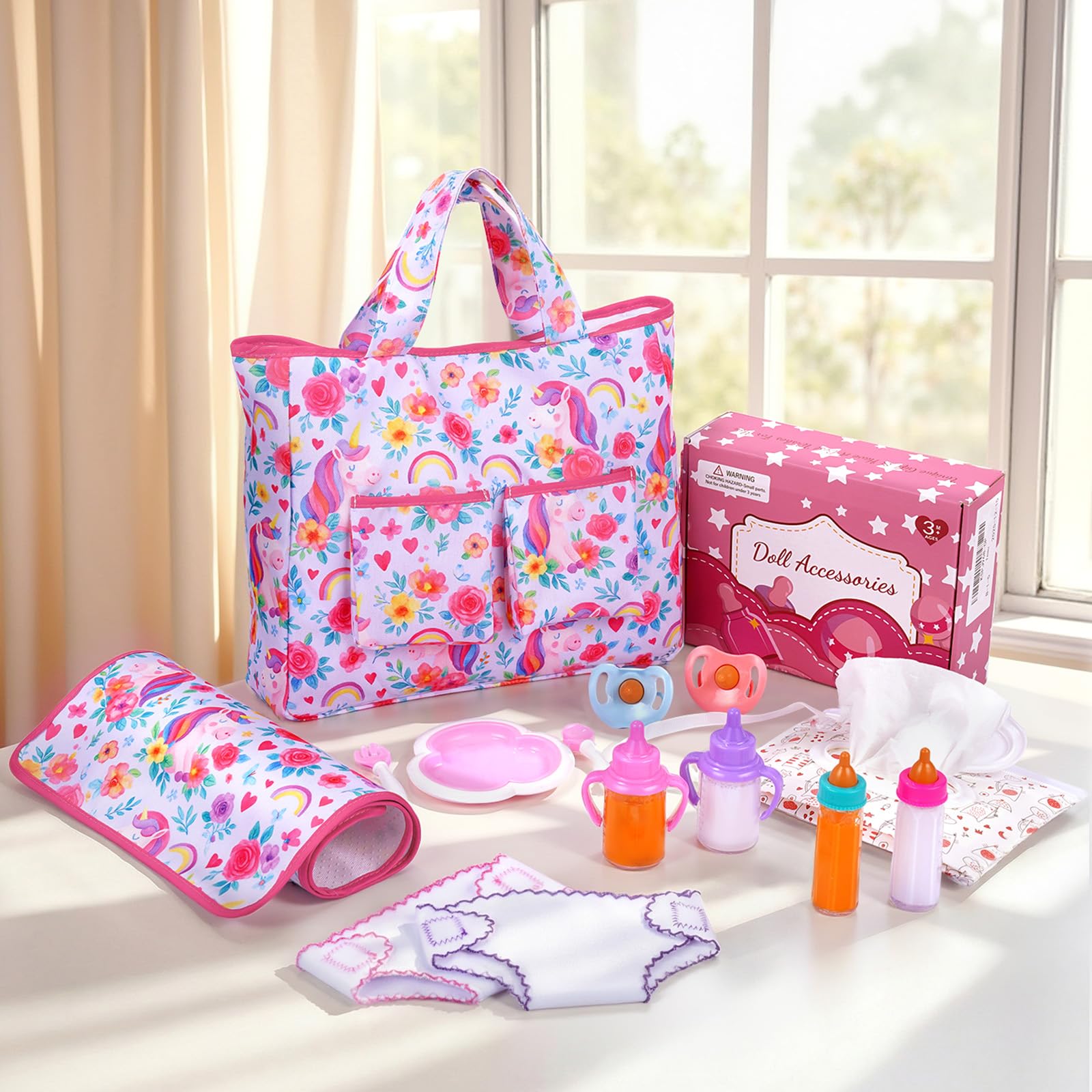 BABESIDE 14 Pcs Baby Doll Accessories with Magic Bottles, Baby Doll Diaper Bag Set Includes Changing Mat, Diapers and Bottle with Disappearing Milk for 12-16 Inches Dolls Kids Gift