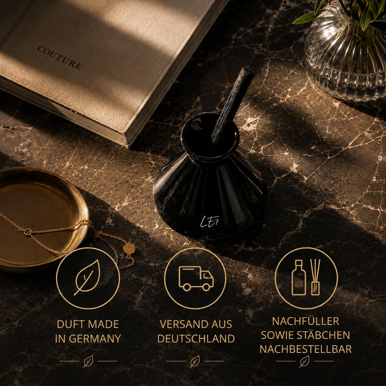 LE7 Reed Diffuser | Luxus Raumduft mit Stäbchen | 150ml Hochwertiges Duftöl & Edle Geschenkverpackung | Eleganter Raumduftspender für Wohnräume, Büro & Badezimmer (Vanille-Tonka)