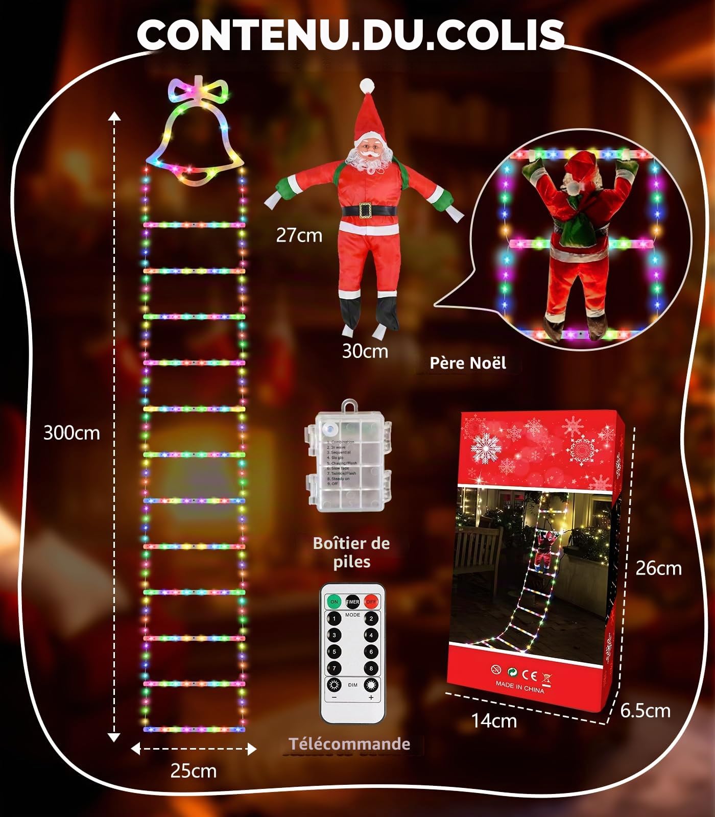 Guirlande Lumineuse Échelle Père Noël, 3 m LED Rideau Lumineux Decoration Noel Guirlande Lumineuse à Piles, 8 Modes Christmas Lights Échelle avec Père Noël Minuterie Étanche pour Exterieur Interieur