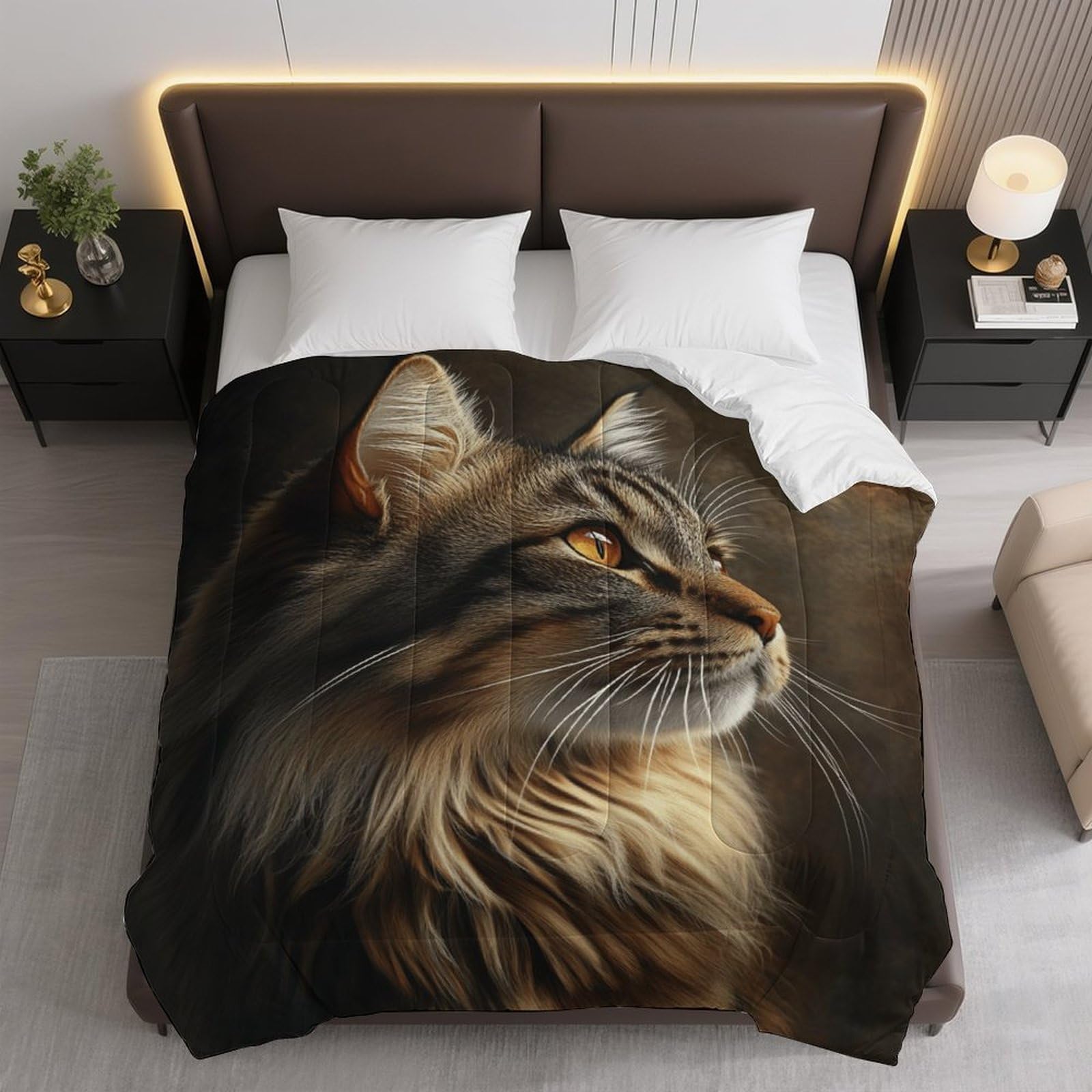 Fluffy Tabby Cat Pattern Comforter Bedding Heavy Bed Blanket Soft Warm Fluffy All Seasons Only Quilt 203x229cm