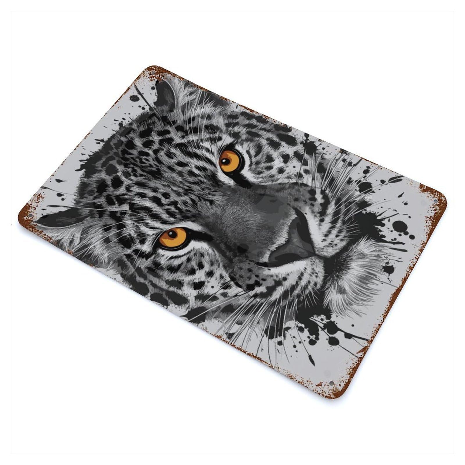 Distressed Metal Wall Sign with Leopard Watercolor Design 11.8"x7.9", for Shed, Workshop And Garage Wall Decor, Decorative Metal Wall Art