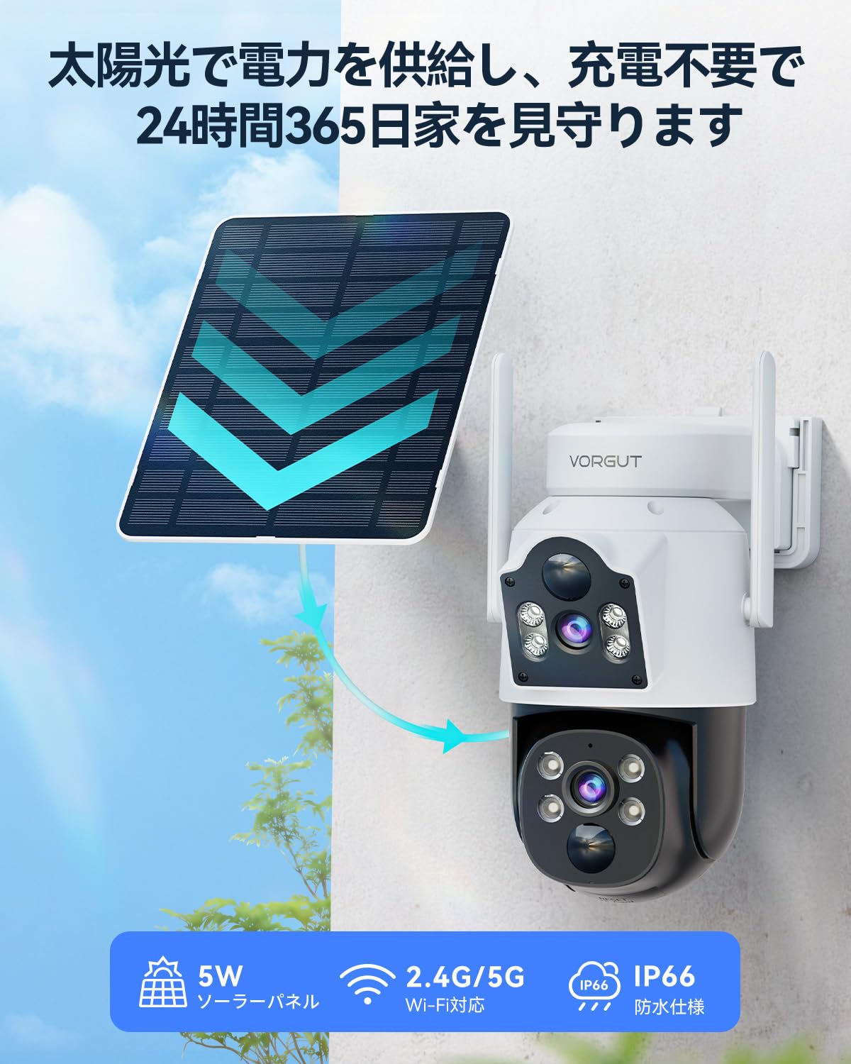 Amazon.co.jp: VORGUT 防犯カメラ 屋外 ソーラー 自動追尾 デュアル