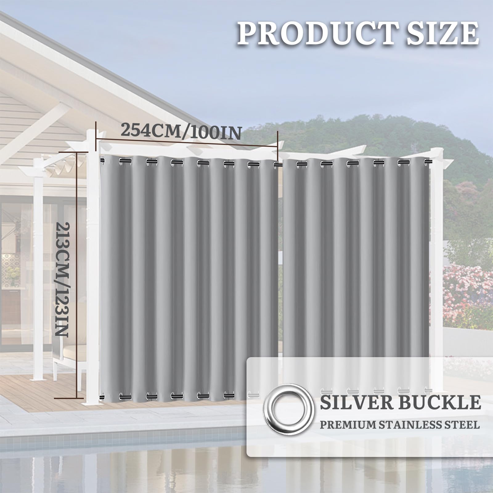 Rideau Extérieur Imperméable 254 x 213 cm (L x H), Rideaux Pergola Extérieur avec Œillets Haut et Bas, Résistant aux Intempéries, pour Pergola, Terrasse, Jardin, Tonnelle, 1 Panneau, Gris Clair