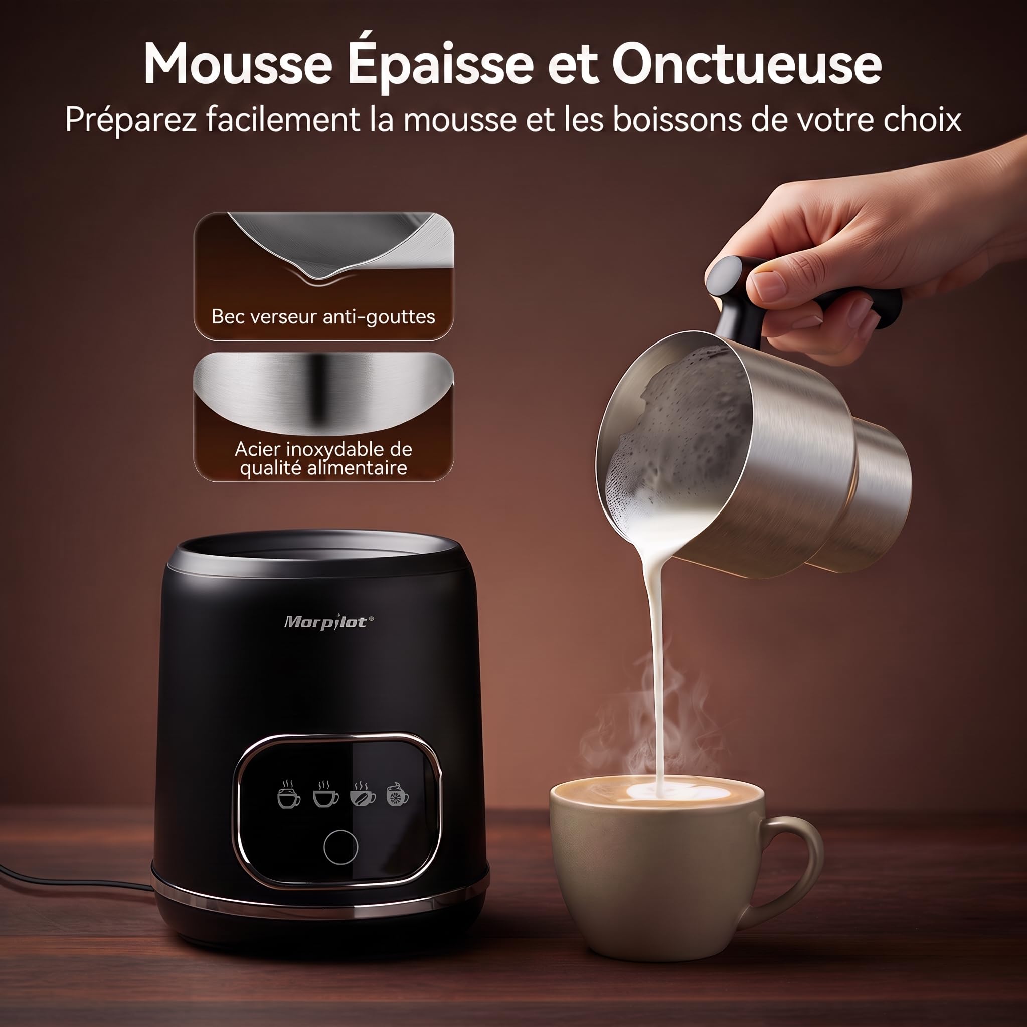 Morpilot Mousseur à Lait Électrique 4-en-1, Grande Capacité 600ml, Mousse Chaude/Froide et Lait Chaud, Milk Frother en Acier Inox avec Design Détachable pour Cappuccino, Latte, Macchiato