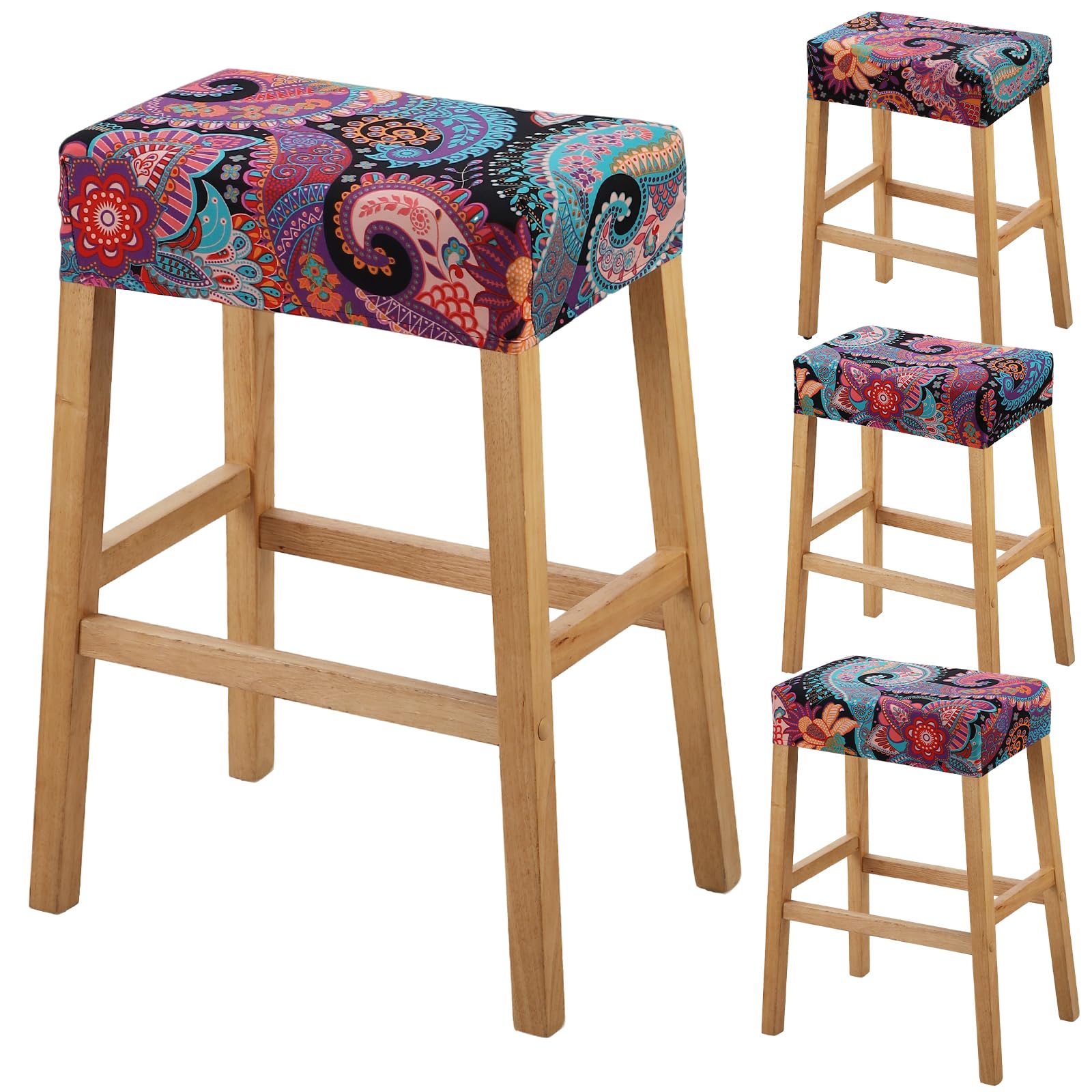 YISUN Stool Covers Rectangle - 4 Pack Stretch Waterproof Saddle Seat Cover Counter Bar Stools Bar Chairs Covers Kitchen Island Chairs Cushion Protector (4, F-Purple Green)