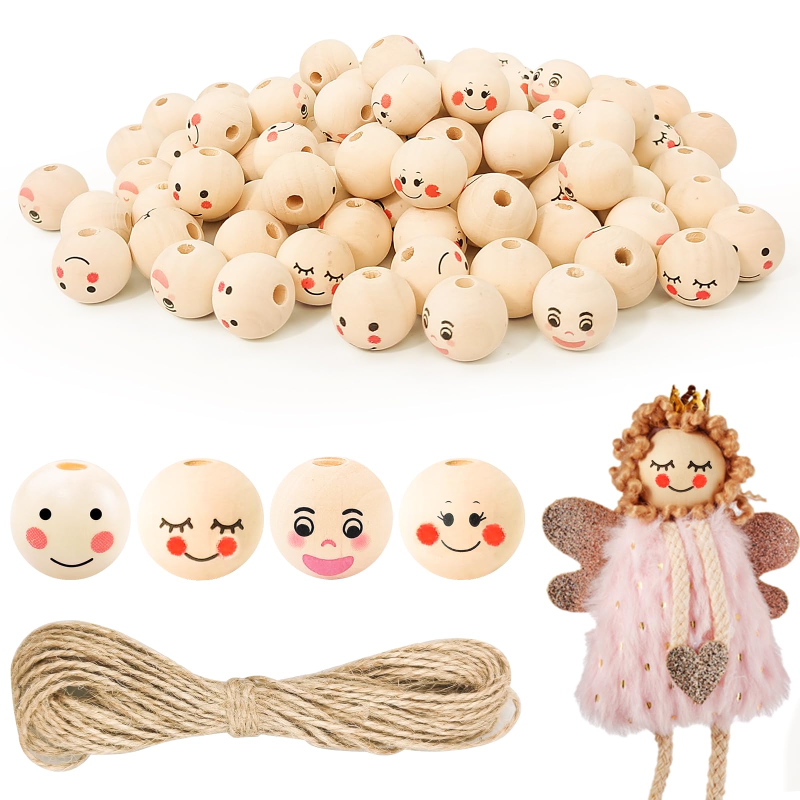 Furuising 100Pcs Smile Wooden Beads, 20mm Wooden Beads for Crafting, 4 Styles, Round Doll Head with 4.5mm Holes, 10m Jute String for Macrame Decorations DIY