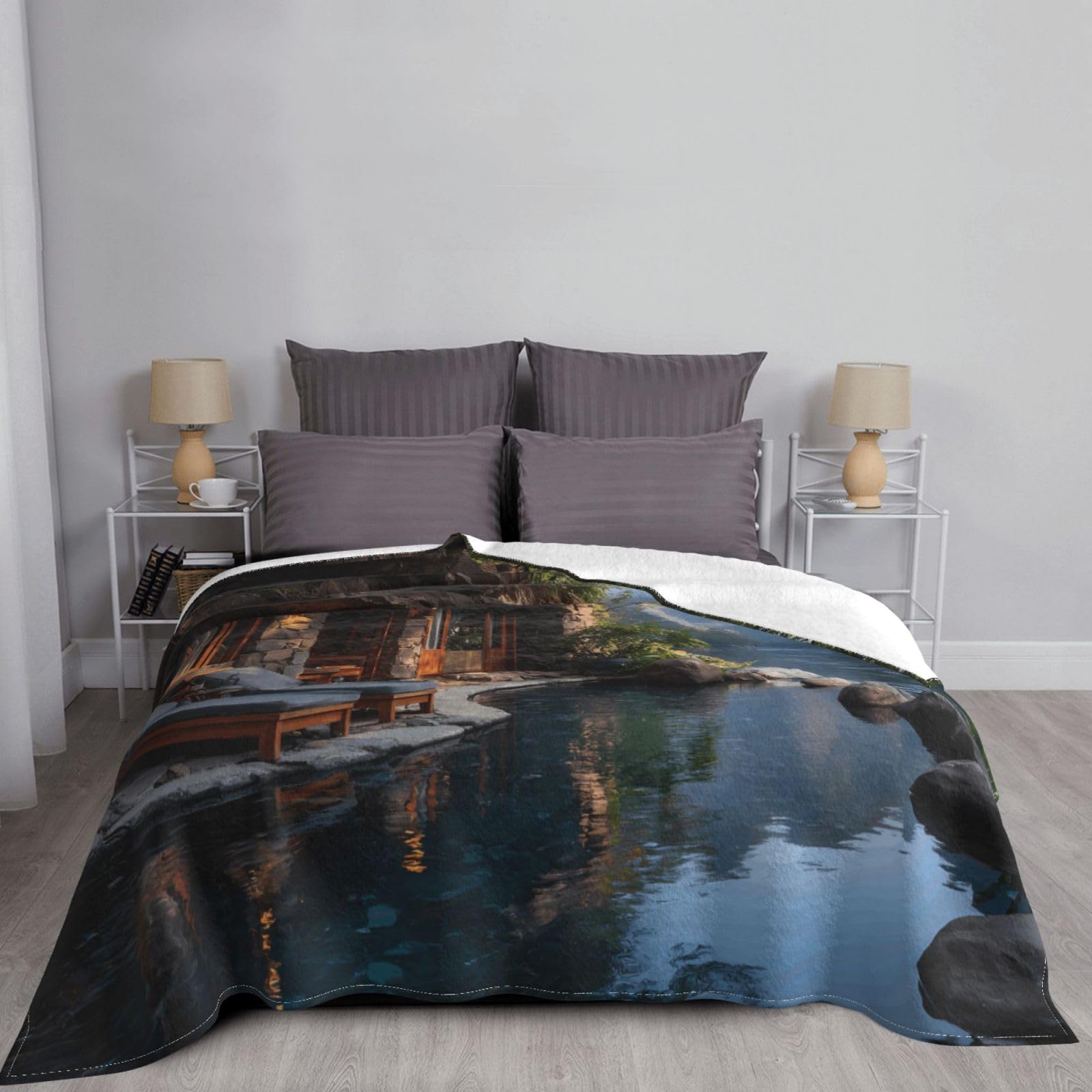 Manta de viaje portátil de 80 x 60 pulgadas, suave, resistente a las arrugas, plegable, exquisita impresión de casa antigua