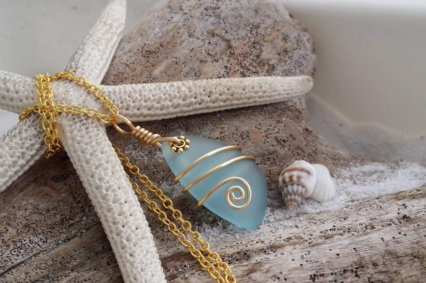 yinahawaii Handmade Sea Glass Necklace, Hawaiian Jewelry For Women, Gold Wire Turquoise Bay Blue Necklace, Beach Jewelry Birthday Gift For Women (December Birthstone)