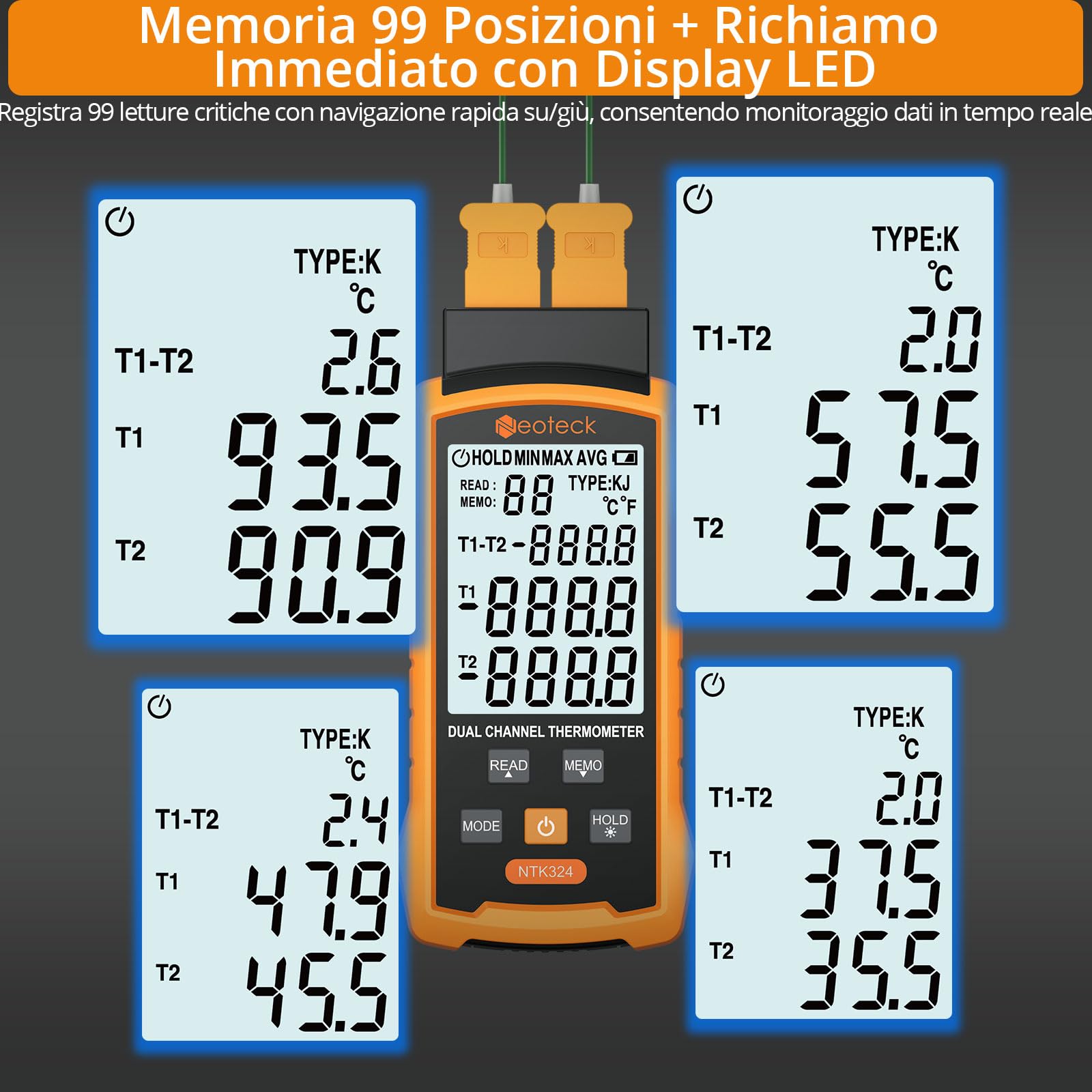 Neoteck Termometro a Doppio Termocoppia -50~1300℃ Digitale 2 Canali Tipo K/J con 4 Sonde, Memoria 99 Dati, Display LCD Retroilluminato per HVAC