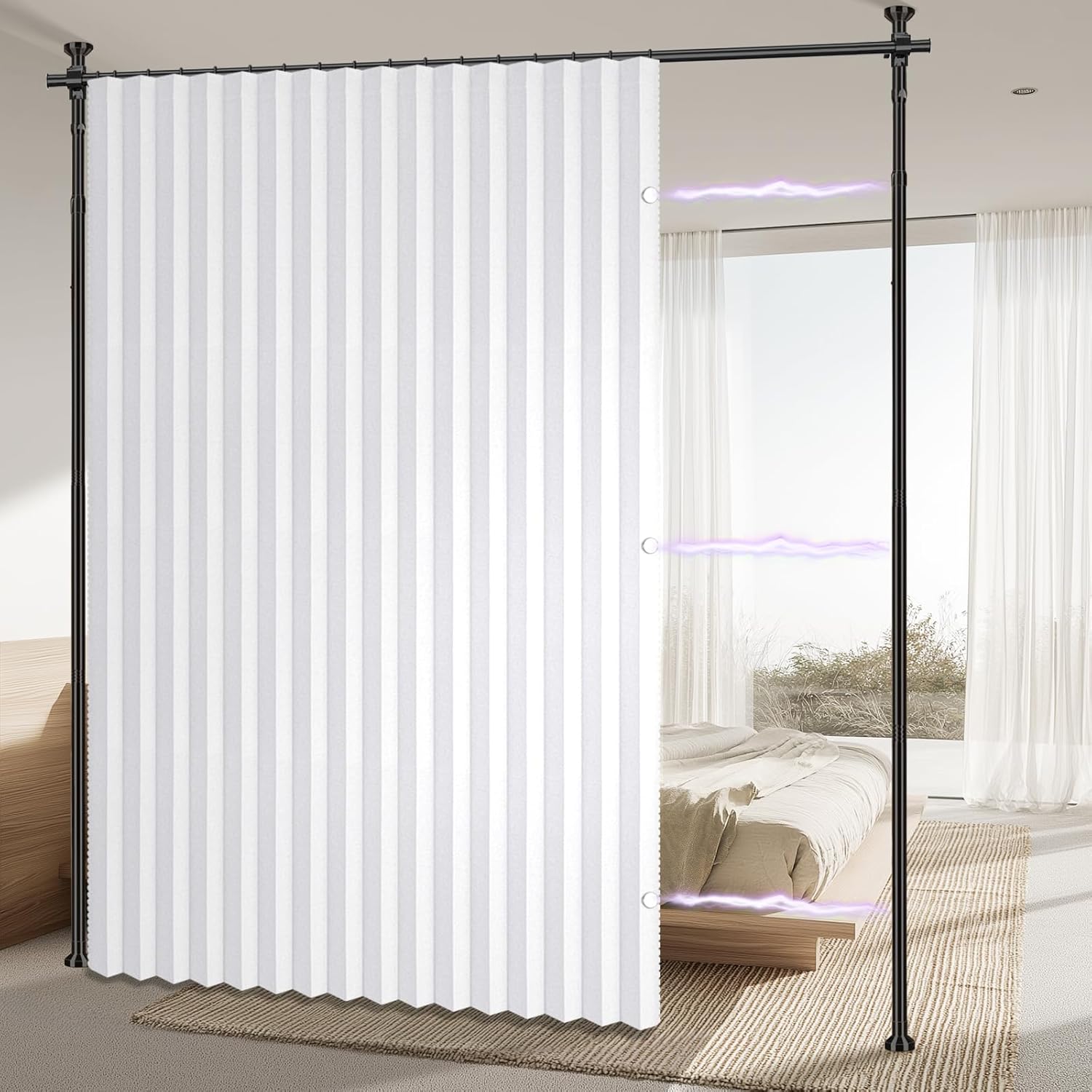 AJAZZ Privacy Curtains for Room Divider with Blackout & Soundproof (White, W100 x L84 in, 1 Panel)+ No Drill Curtain Rod(H) 43-120×(W) 35-100 in, Wall Divider for Bedroom/Studio/Office Curtain White 100"W x 84"L (Pack of 1)