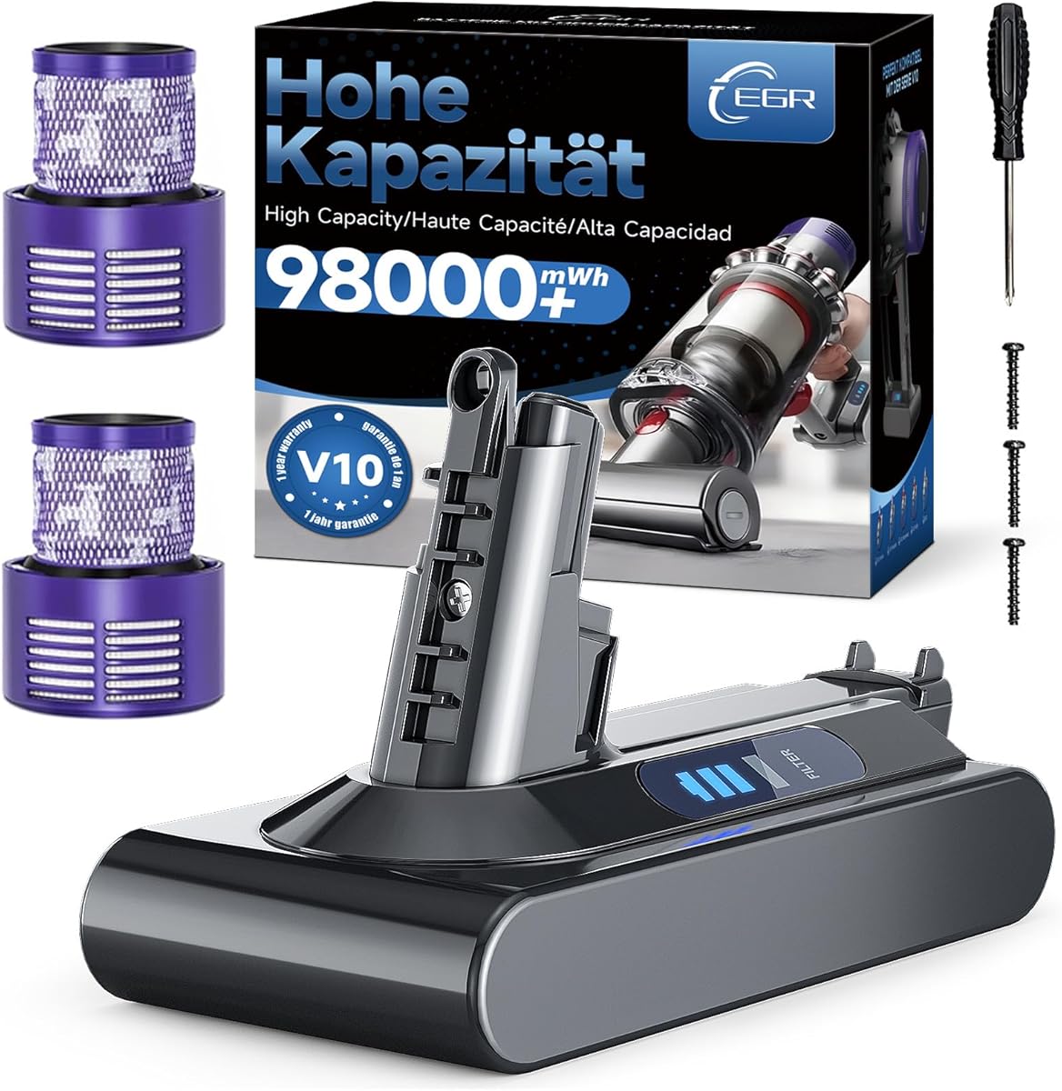 EGR V10 Battery Replacement for Dyson V10 SV12/Animal/Absolute/Fluffy/Motorhead/Trigger/Cyclone Cordless Vacuum Cleaner Battery with 2 Filters