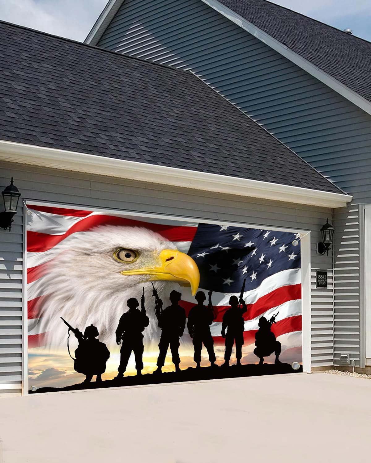 16X7ft 4th of July Garage Door Banner Decorations, Red Blue Star Garage Door Cover Independence Day Wallpaper Patriotic Veterans Party Decoration, American Military Soldiers Eagle Outdoor Wall Door