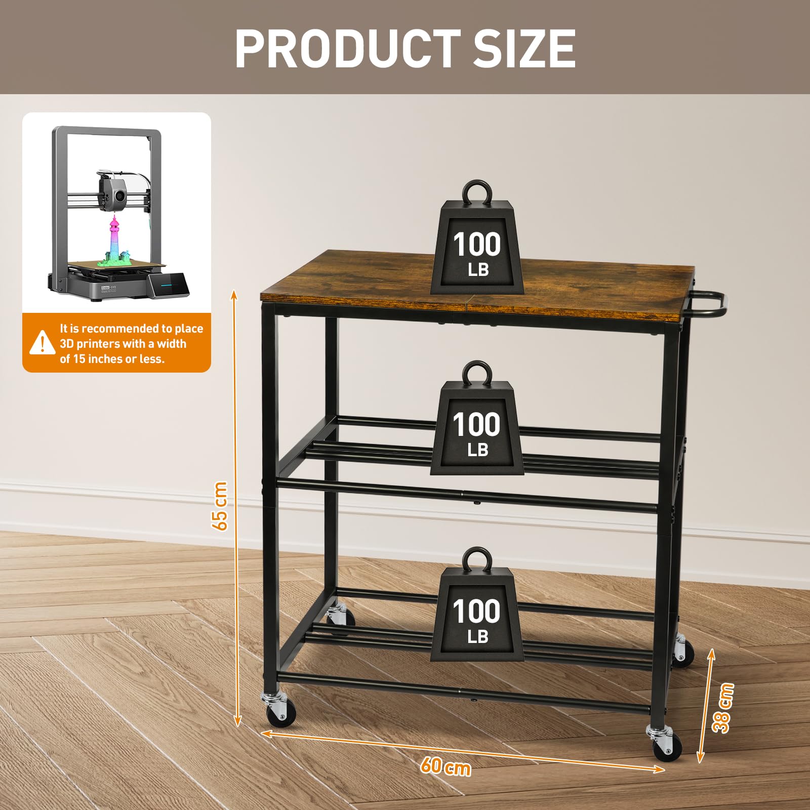 ikkle 3D-Drucker Filament Lagerregal mit Rädern – Schweres Metall Spulenhalter, 3-Etagen 3D Druckerzubehör Organizer für PLA/ABS/TPU/Nylon – Für 3D-Druckstation, Büro & Werkstatt, Braun