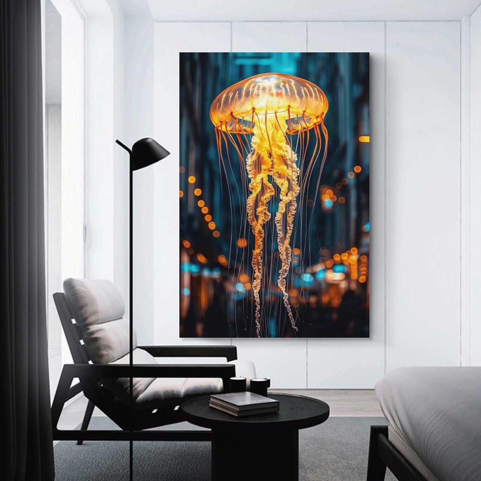 Junmoney Unframe-Style-22 Glowing Jellyfish In Urban Nightscape Hanging Wall Art, 20X30inch(50X75cm), For Entrance Walls, Hall Decor Or Foyers, Wall Decor To Refresh Empty Corners